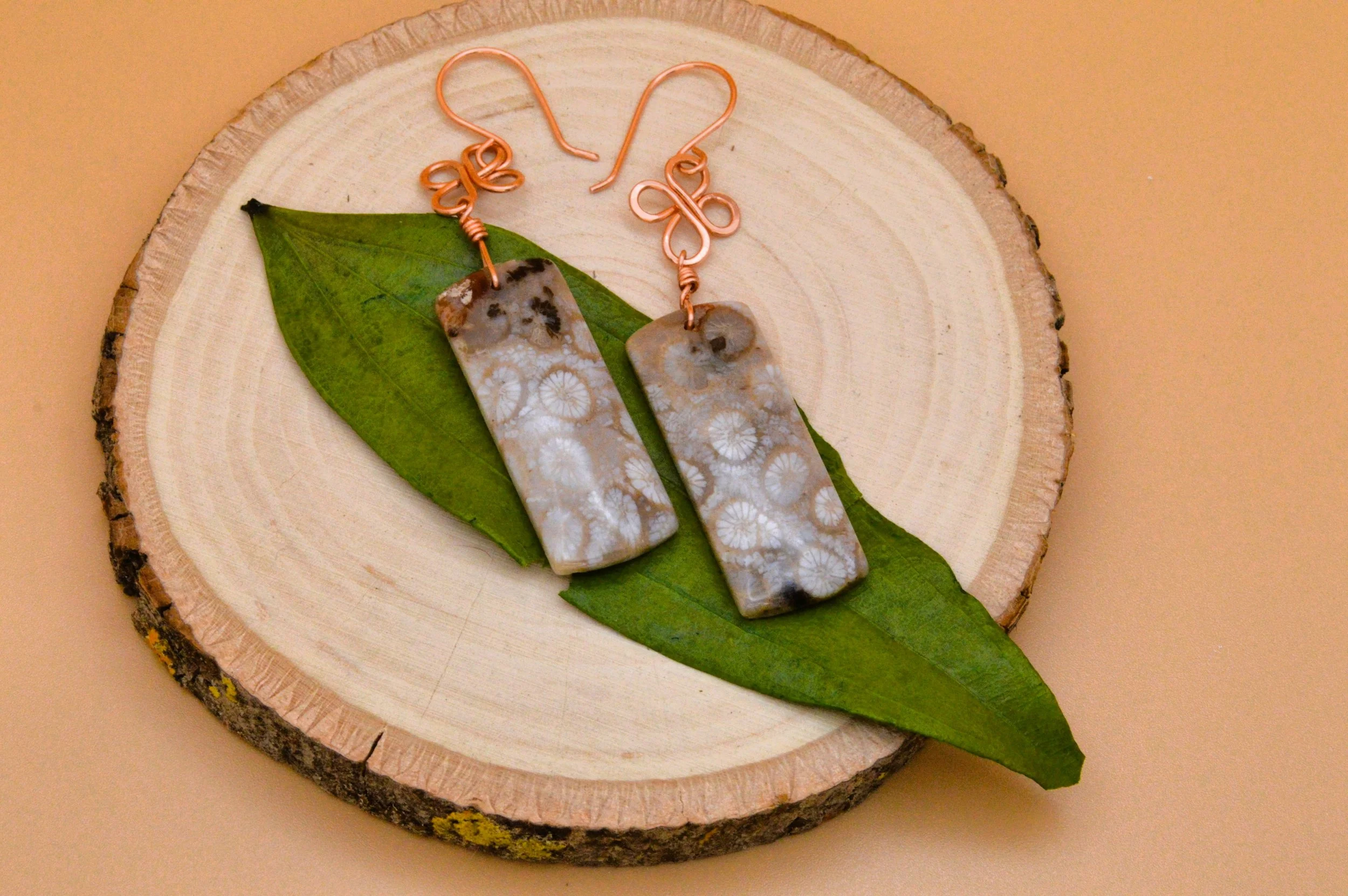 Fossilized Coral Clover Earrings - Handmade Copper Earrings with Gemstones