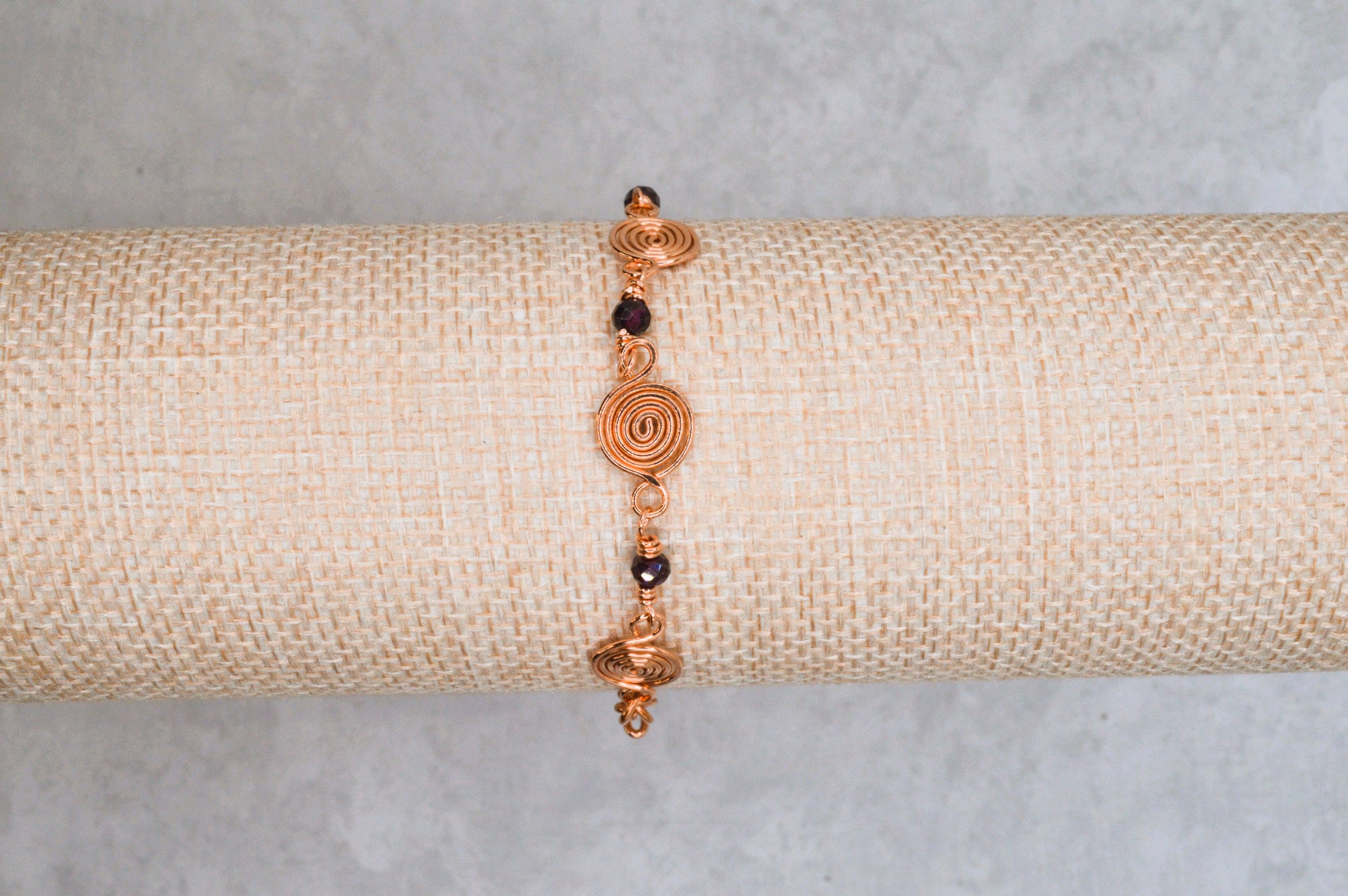 Spirals Garnet Gemstone Bracelet - Handmade Copper Bracelet with Faceted Purple Garnet Gemstones