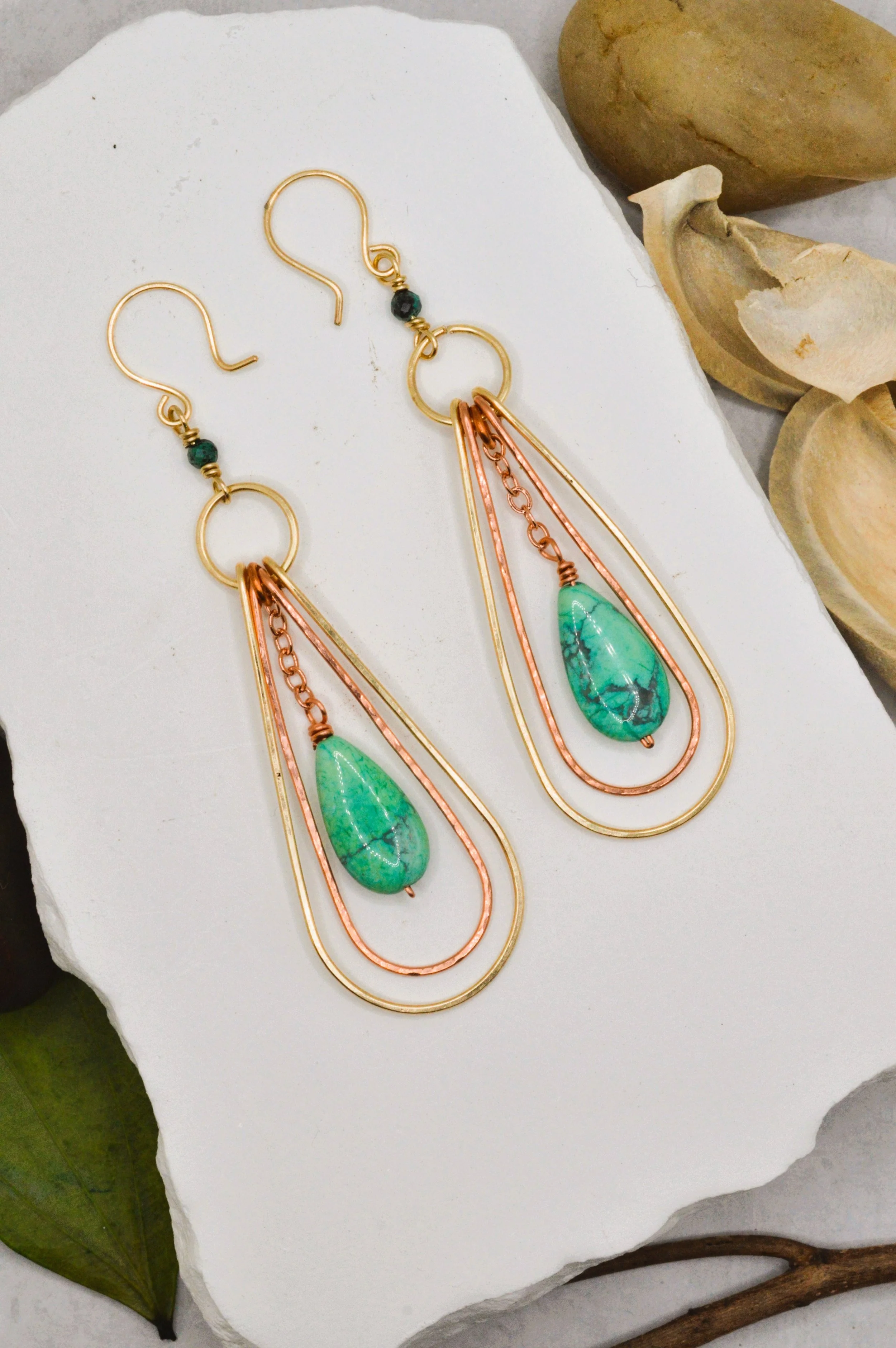 handmade copper and brass teardrop dangle earrings with turquoise bead and chrysocolla accent
