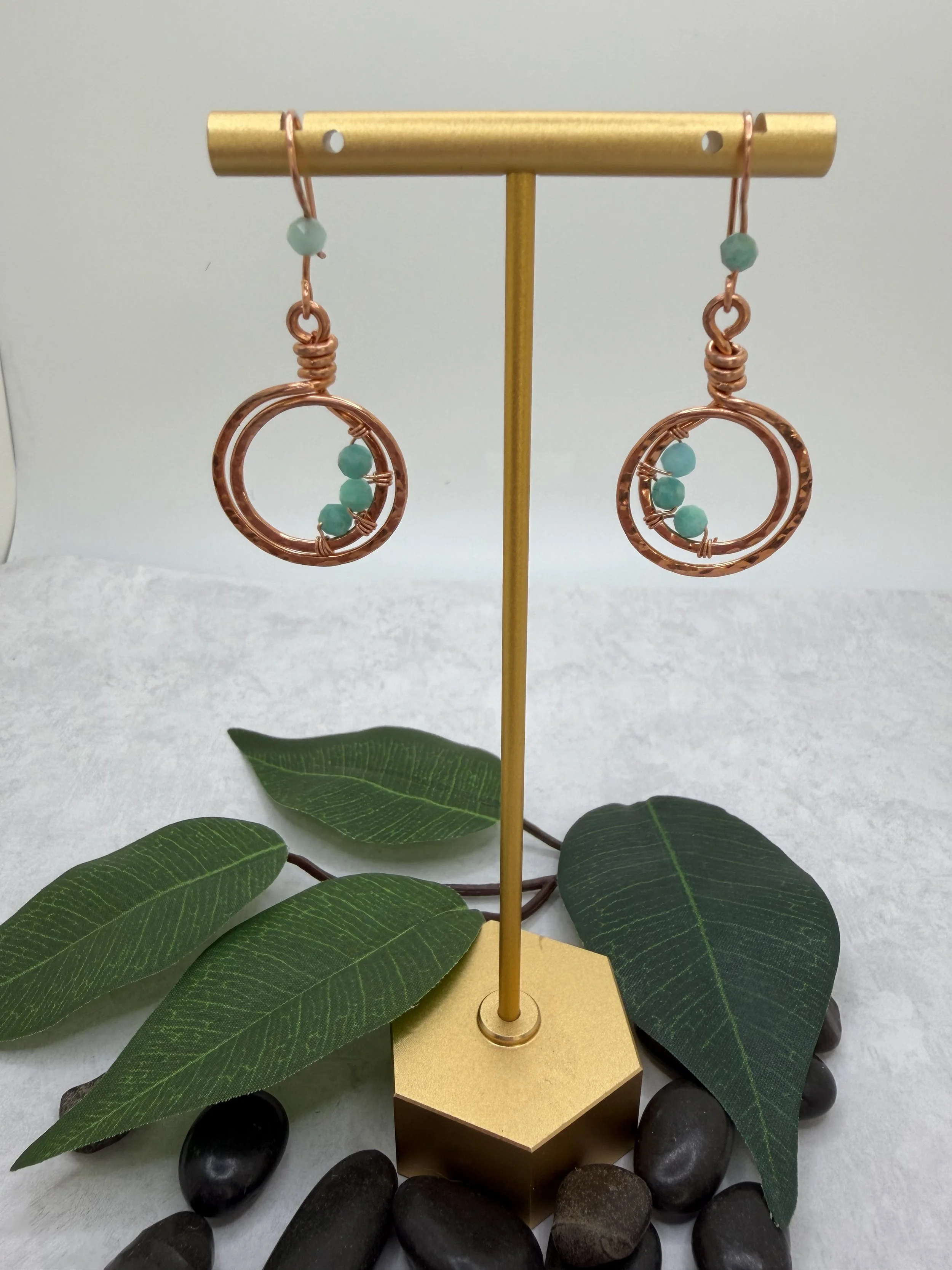 Sky Ripple — Hammered Copper Loop Earrings with Amazonite