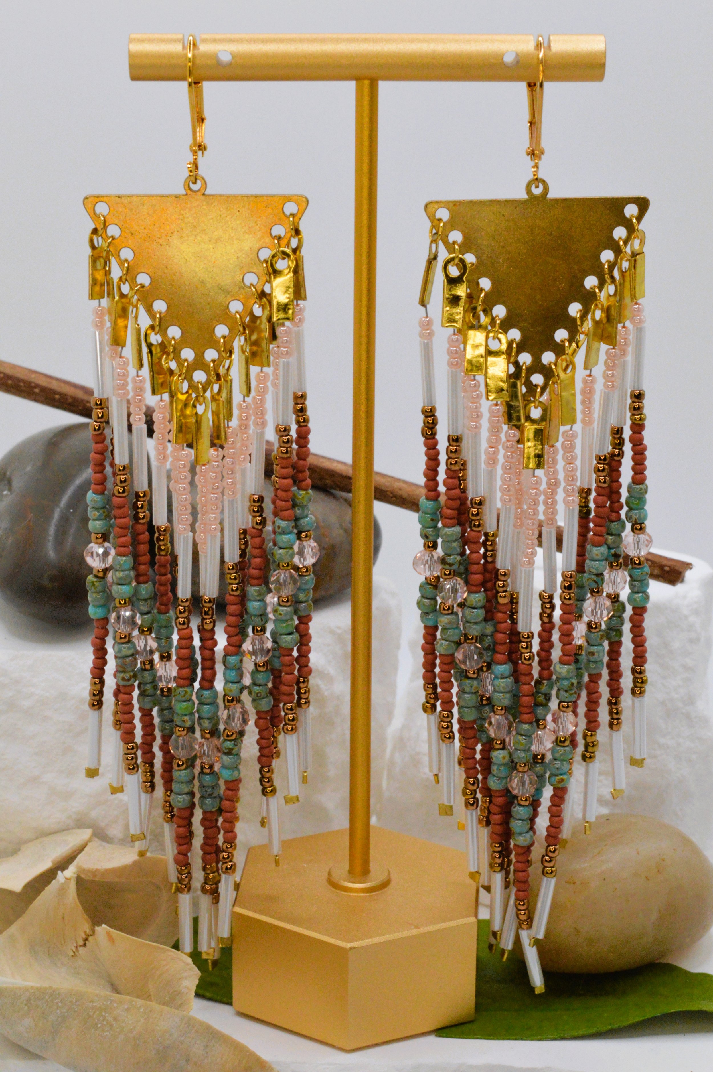 handmade seed bead fringe earrings with terracotta turquoise and dusty pink beads and brass triangle finding