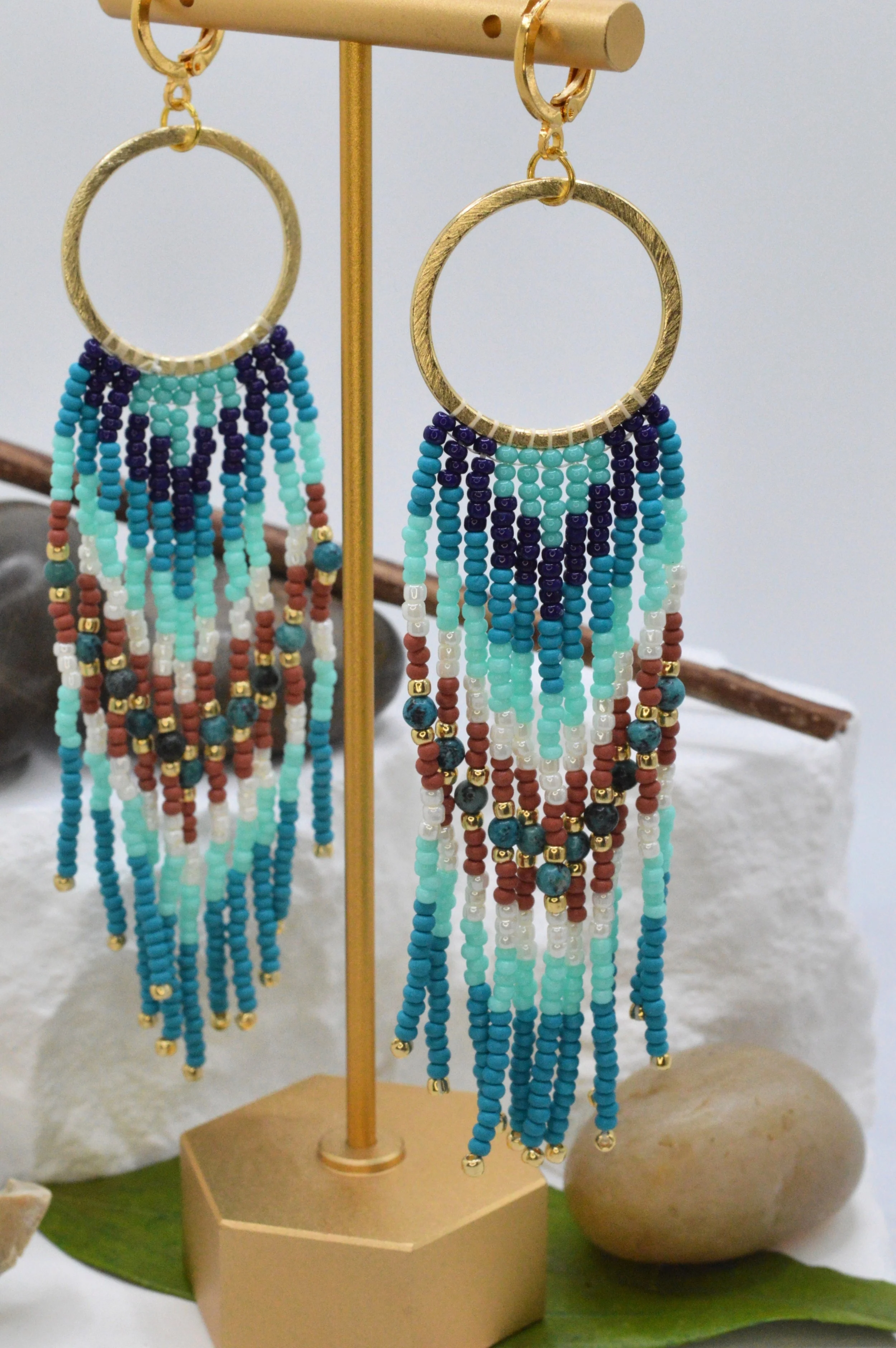 handmade seed bead fringe hoop earrings with turquoise gemstone beads in teal mint navy and rust