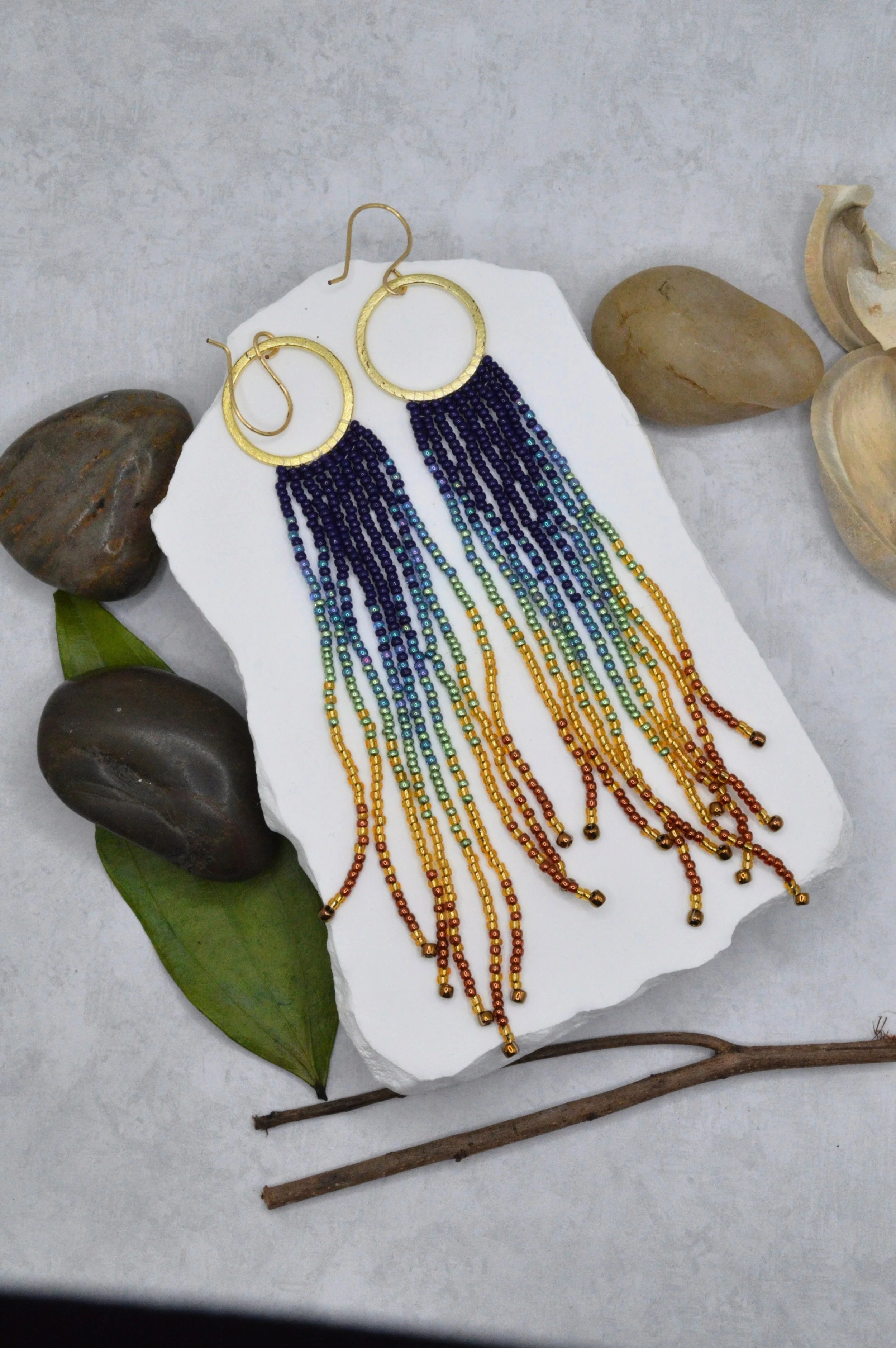 Indigo Horizon — Gold Hoop Seed Bead Fringe Earrings