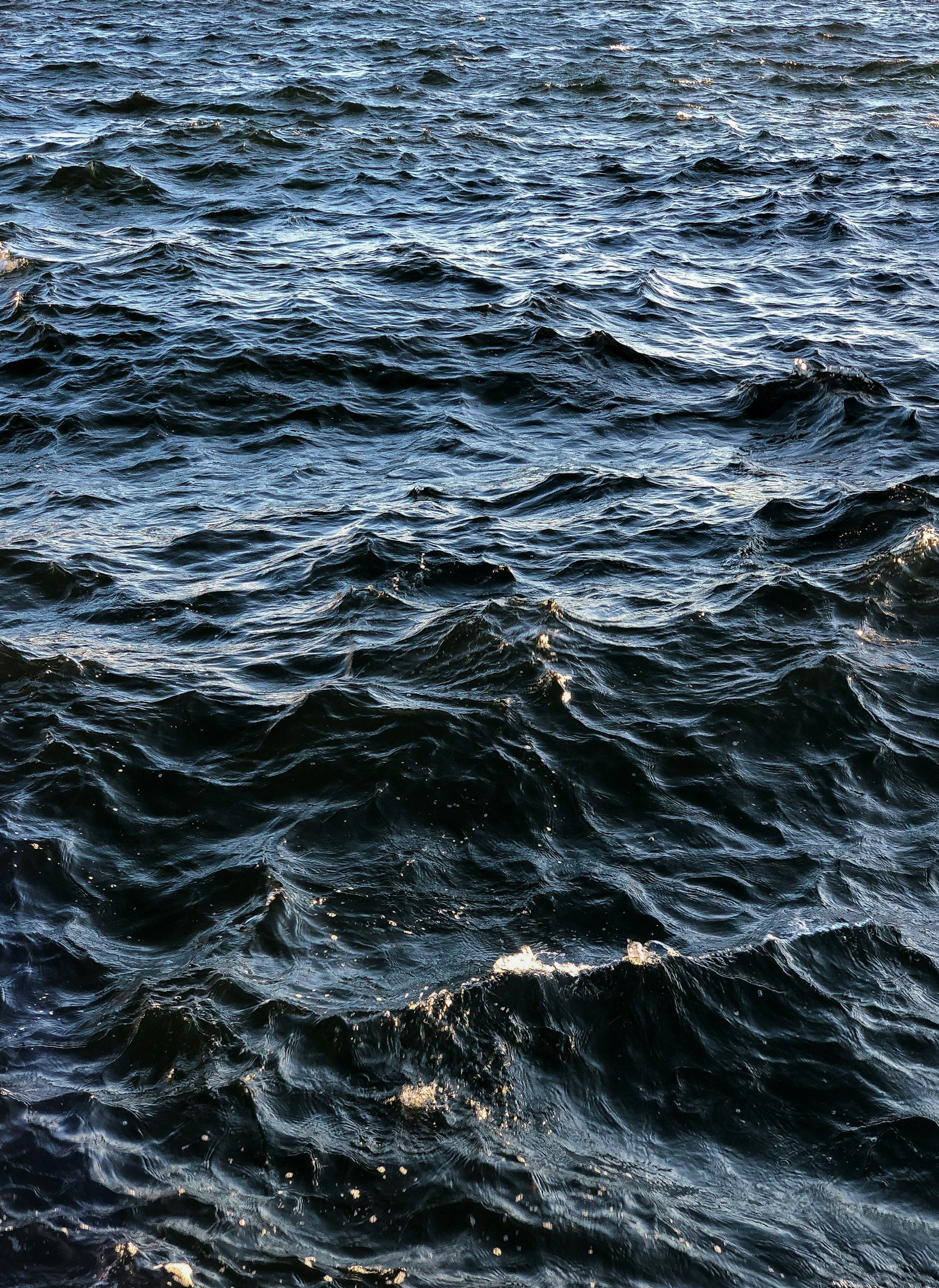 Close-up of choppy dark blue ocean water with small waves and reflections of sunlight.