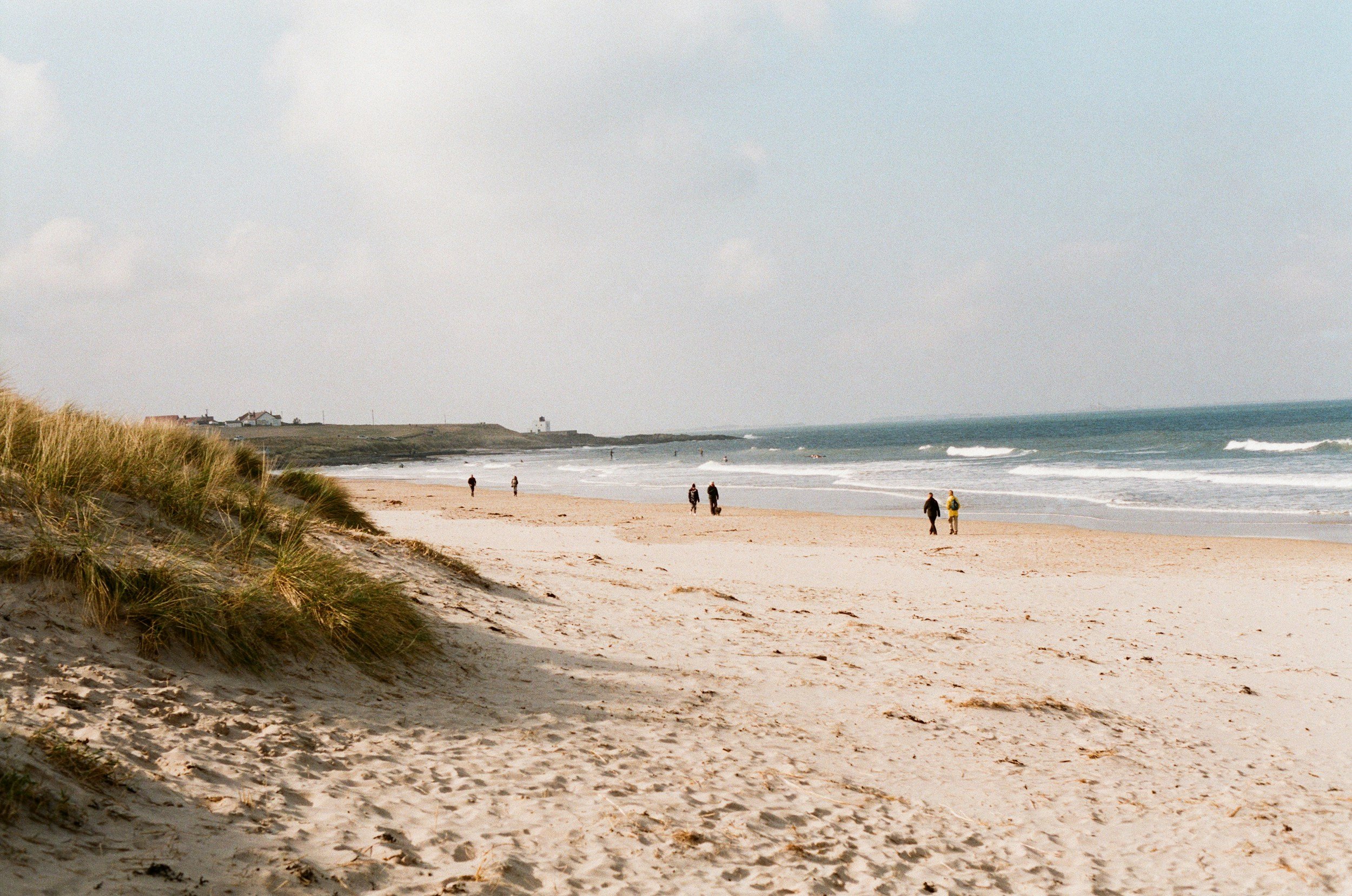 A sandy beach with tall grasses in the foreground, a few small buildings on the distant shoreline, and a few people walking along the shore. The ocean has gentle waves, and the sky is mostly cloudy.