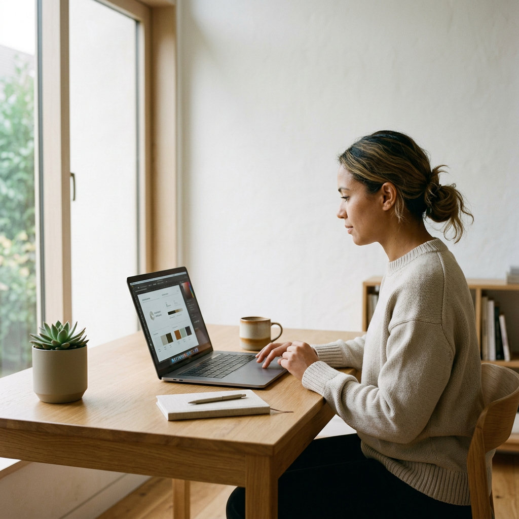 A woman sitting at a wooden table working on a laptop in a bright room."