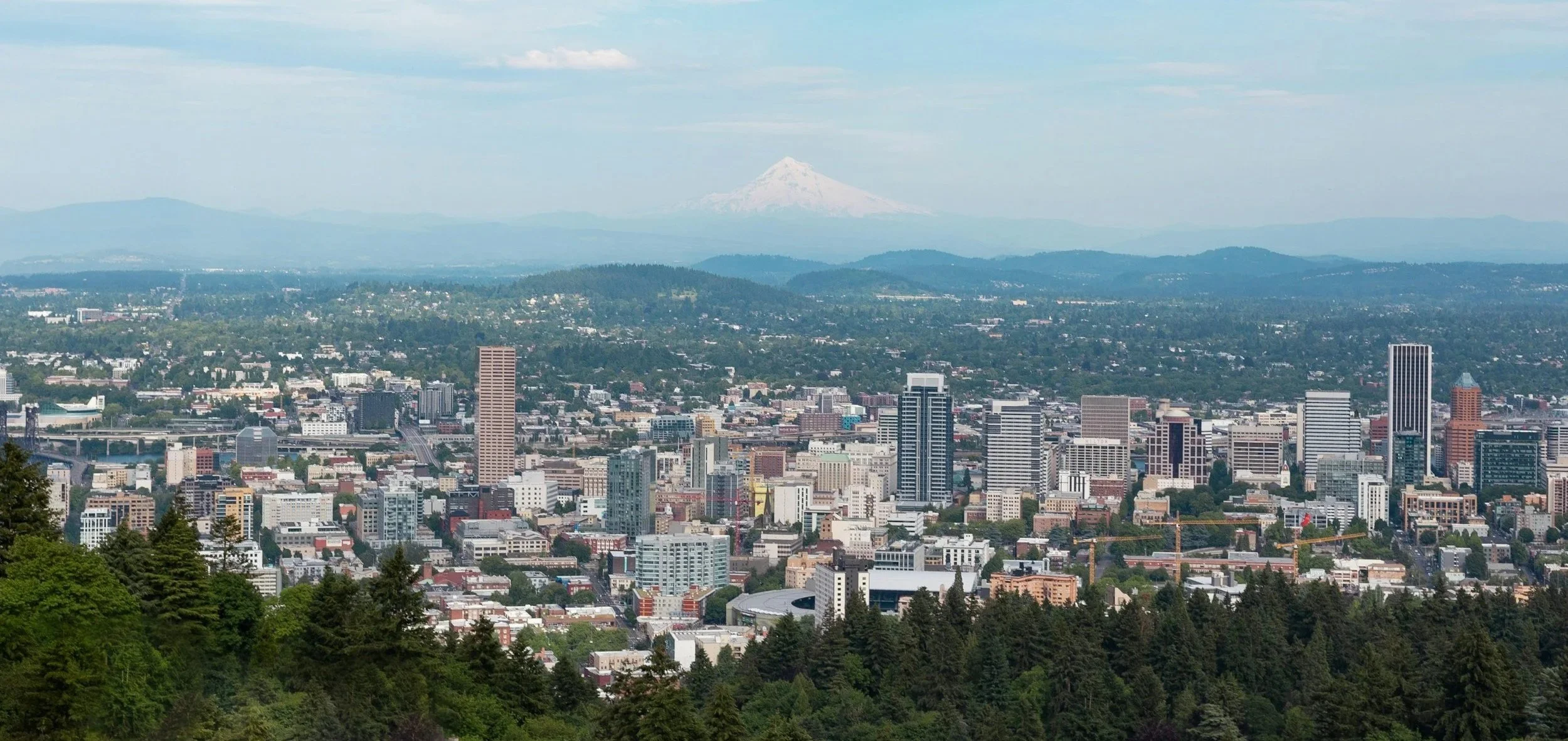 View of a city with tall buildings, surrounded by green trees, with a snow-capped mountain in the background under a partly cloudy sky.