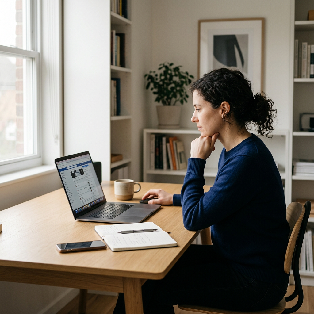 Woman working at a wooden desk with a laptop, notebook, smartphone, and coffee mug in a cozy home office with bookshelves and a framed artwork in the background.