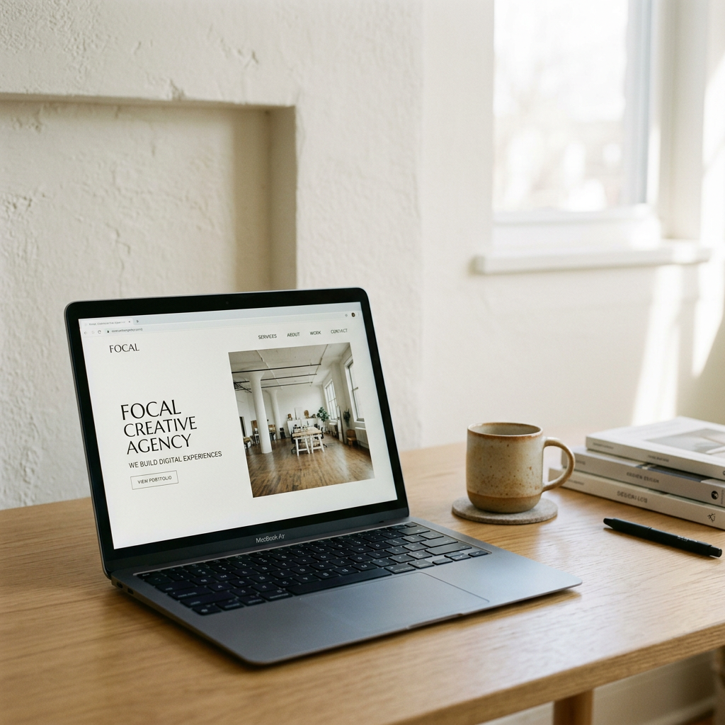 Laptop on a wooden desk displaying a website for Focal Creative Agency, with a mug, a stack of magazines, and a pen nearby, in a bright room with a window.