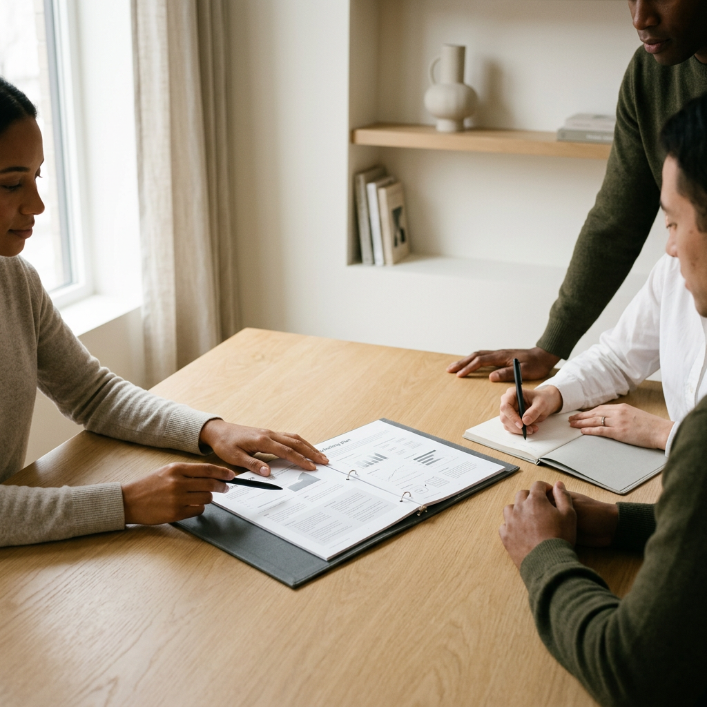 Four people in a meeting reviewing documents and taking notes at a wooden table in a bright room.