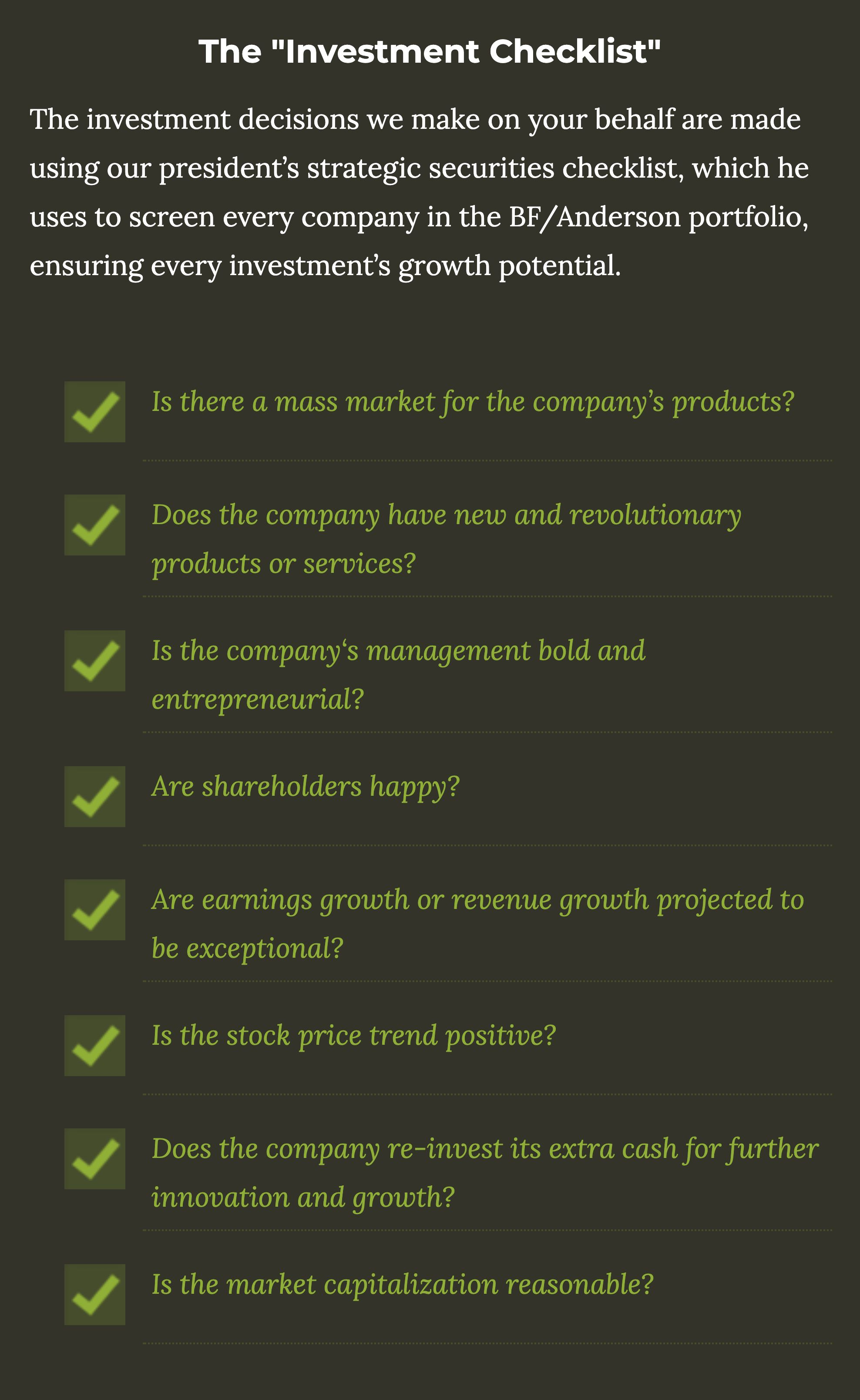 A digital checklist titled 'The Investment Checklist' with green checkmarks next to questions related to market and investment analysis, on a dark background.