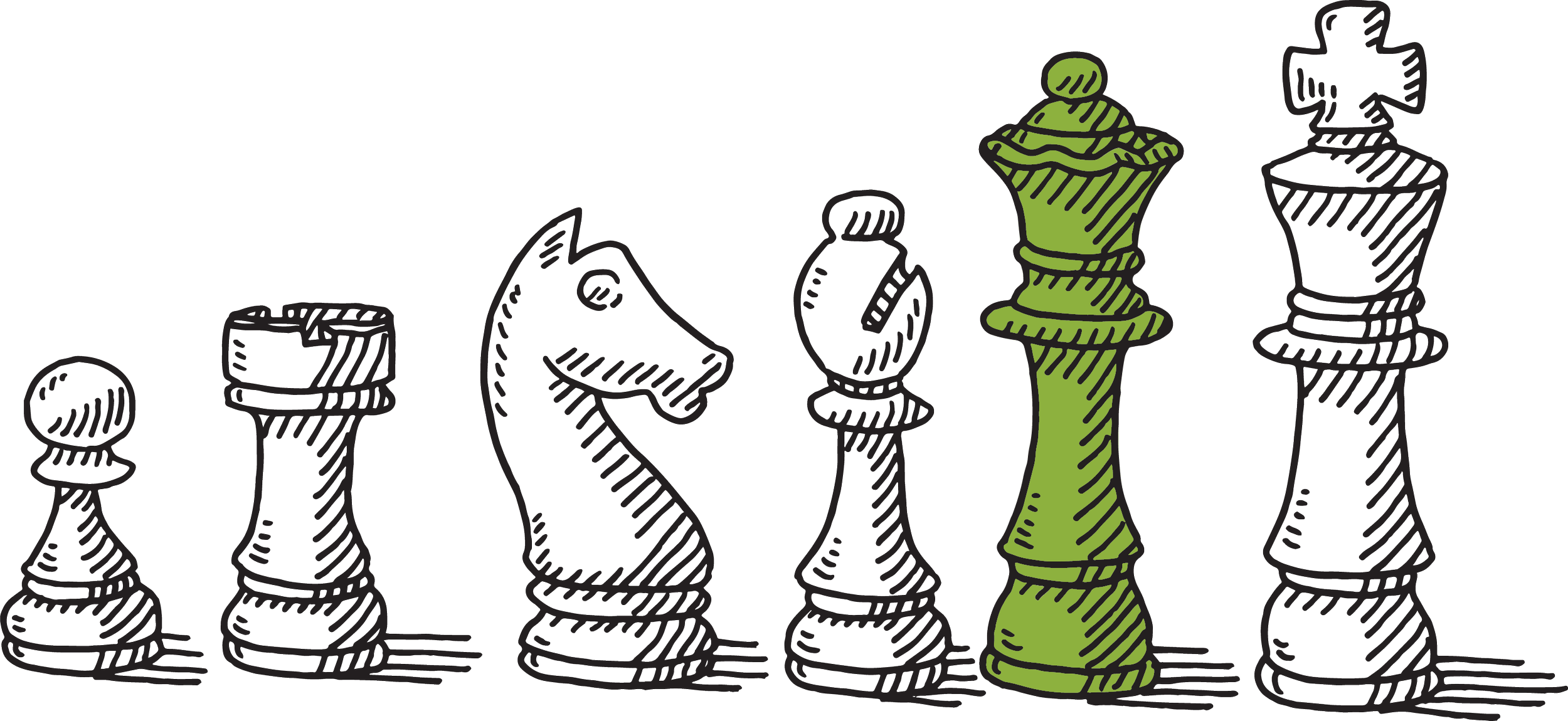 Line drawing of a chess set with the black pieces outlined and the green king piece highlighted in the center.