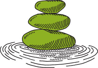 A stack of four green stones balanced on top of each other with ripples in water surrounding the stones.