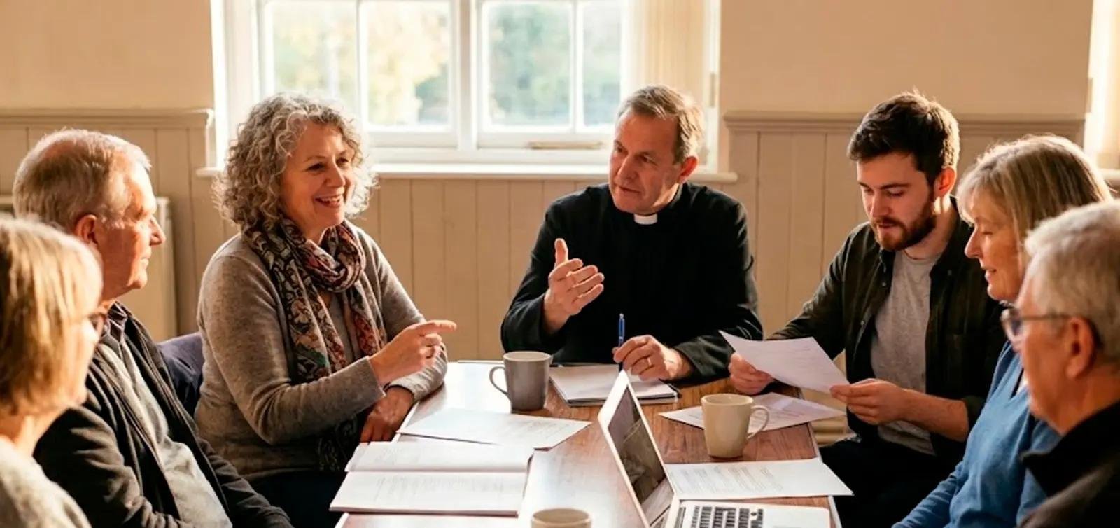 A group of eight people, including a priest, sitting around a table in a well-lit room, engaged in a discussion with papers and a laptop in front of them.