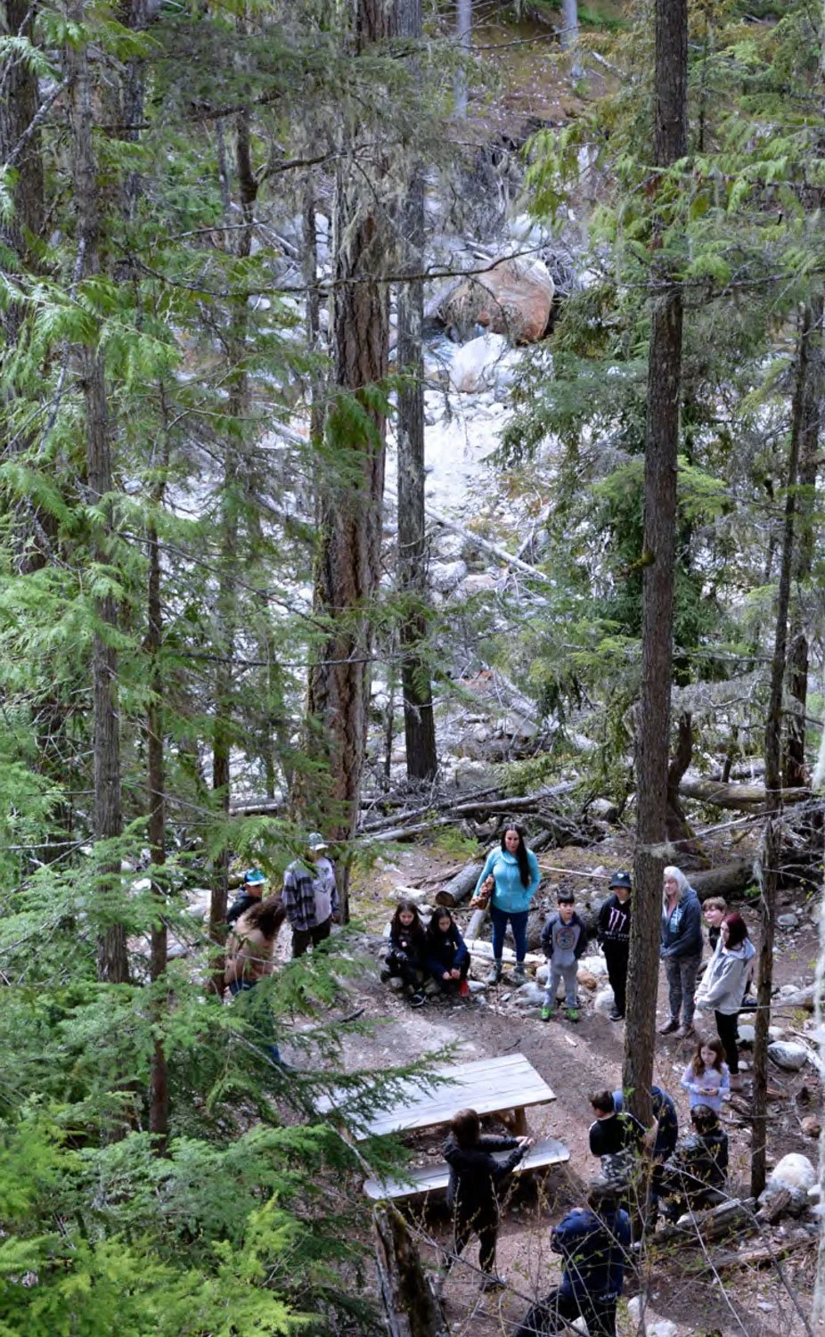 A group of people, including children and adults, gathered in a forest near a small waterfall or creek, surrounded by tall trees and rocks.