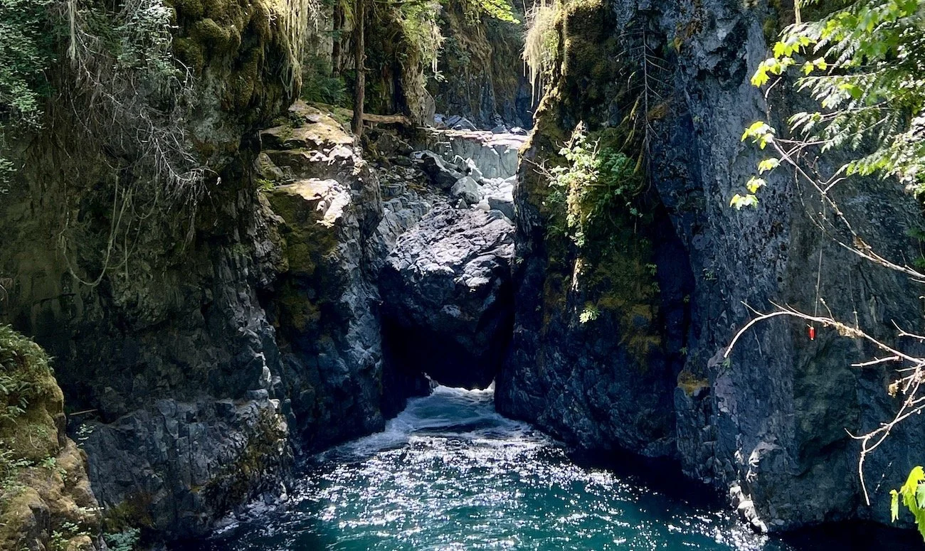 A narrow canyon with steep cliffs and a small stream running through it, surrounded by green foliage.