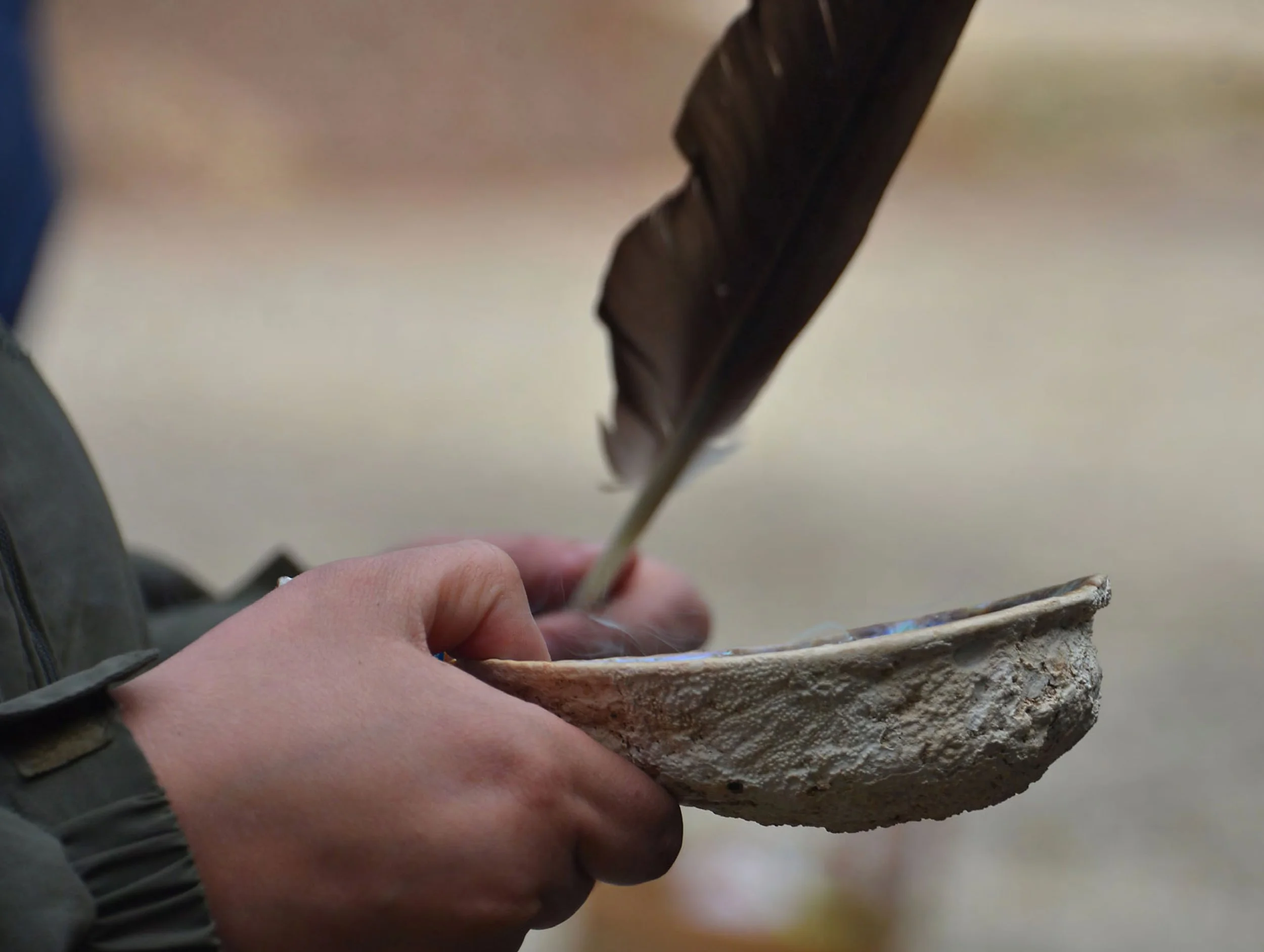 Close-up of a hand holding a feather with items for Indigenous smudging ceremony.