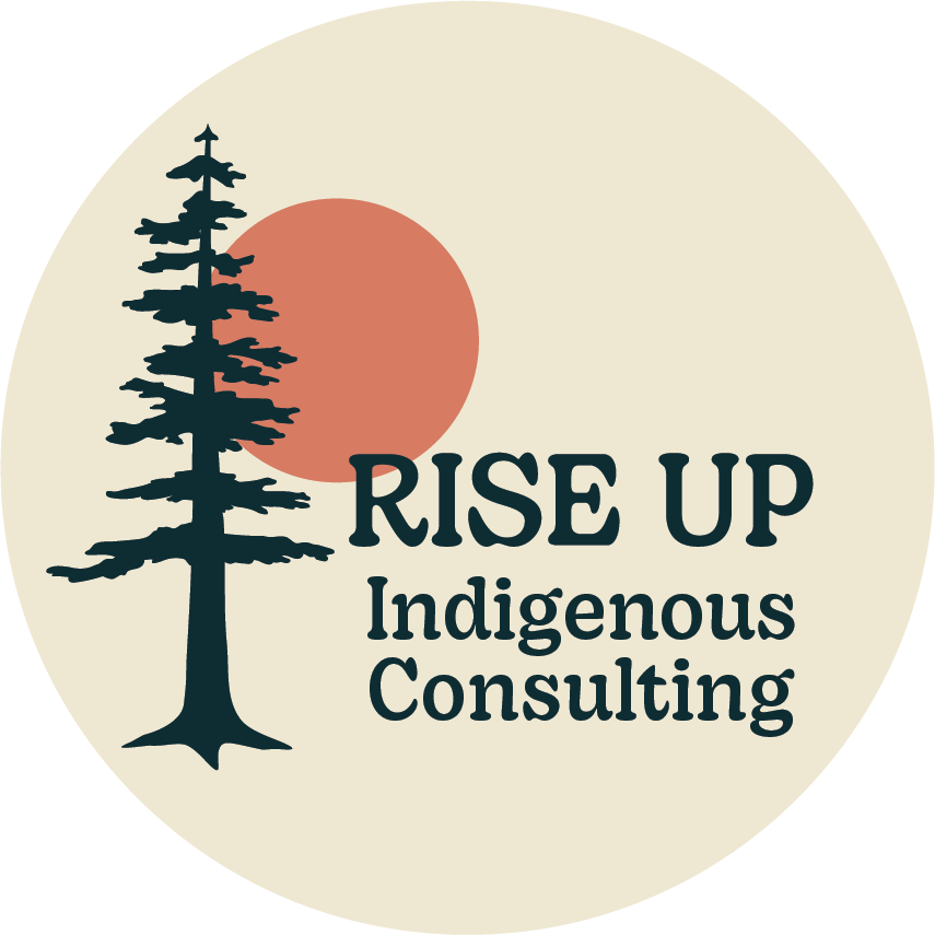 A logo for RISE UP Indigenous Consulting featuring a silhouette of a pine tree with a red sun and the company name.