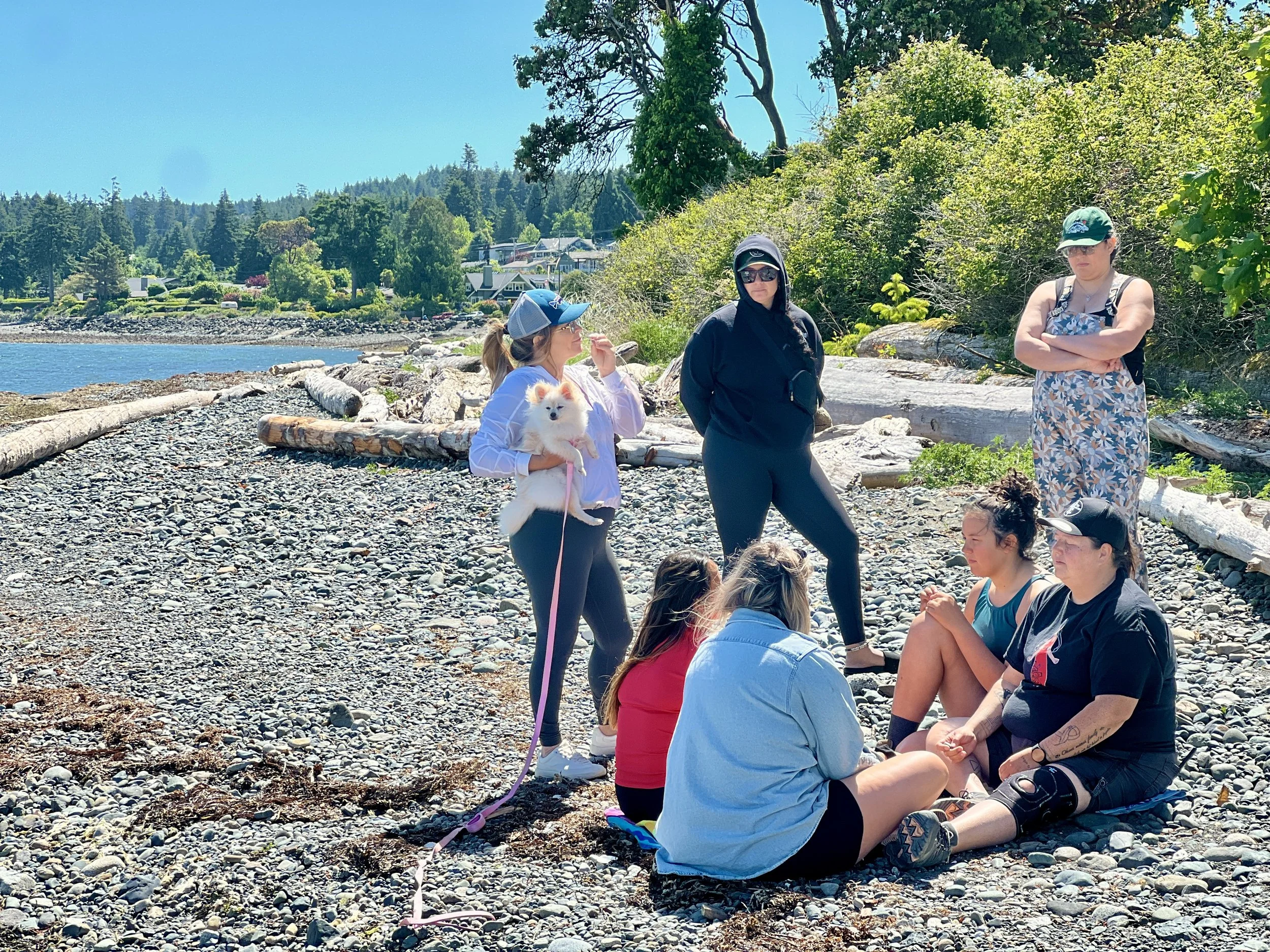 A group of people are gathered on a rocky beach with trees and houses in the background. Some individuals are sitting while others are standing or talking.