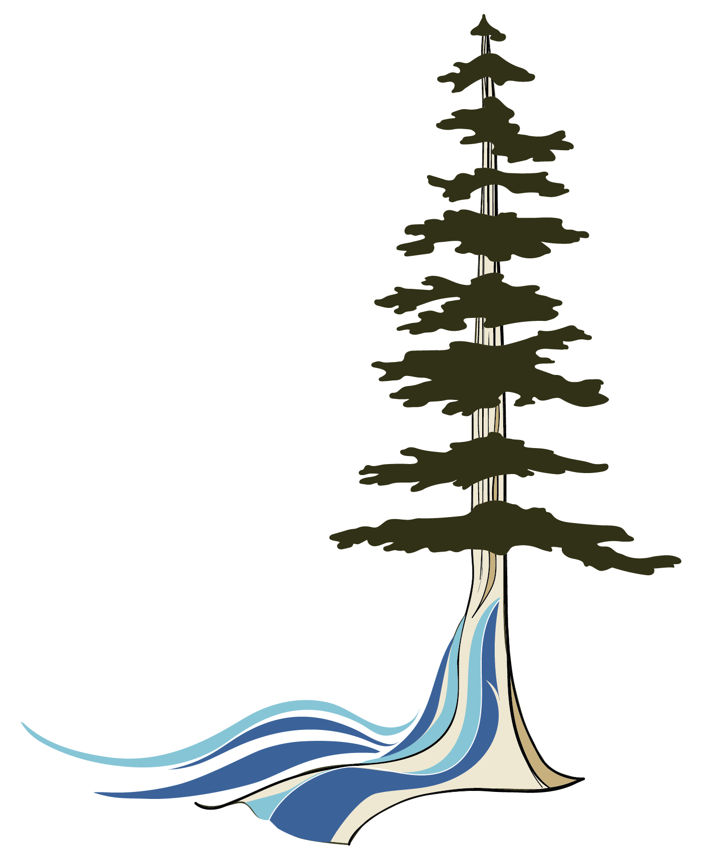 Illustration of a tall pine tree with green branches and a flowing waterfall beneath it against a black background.