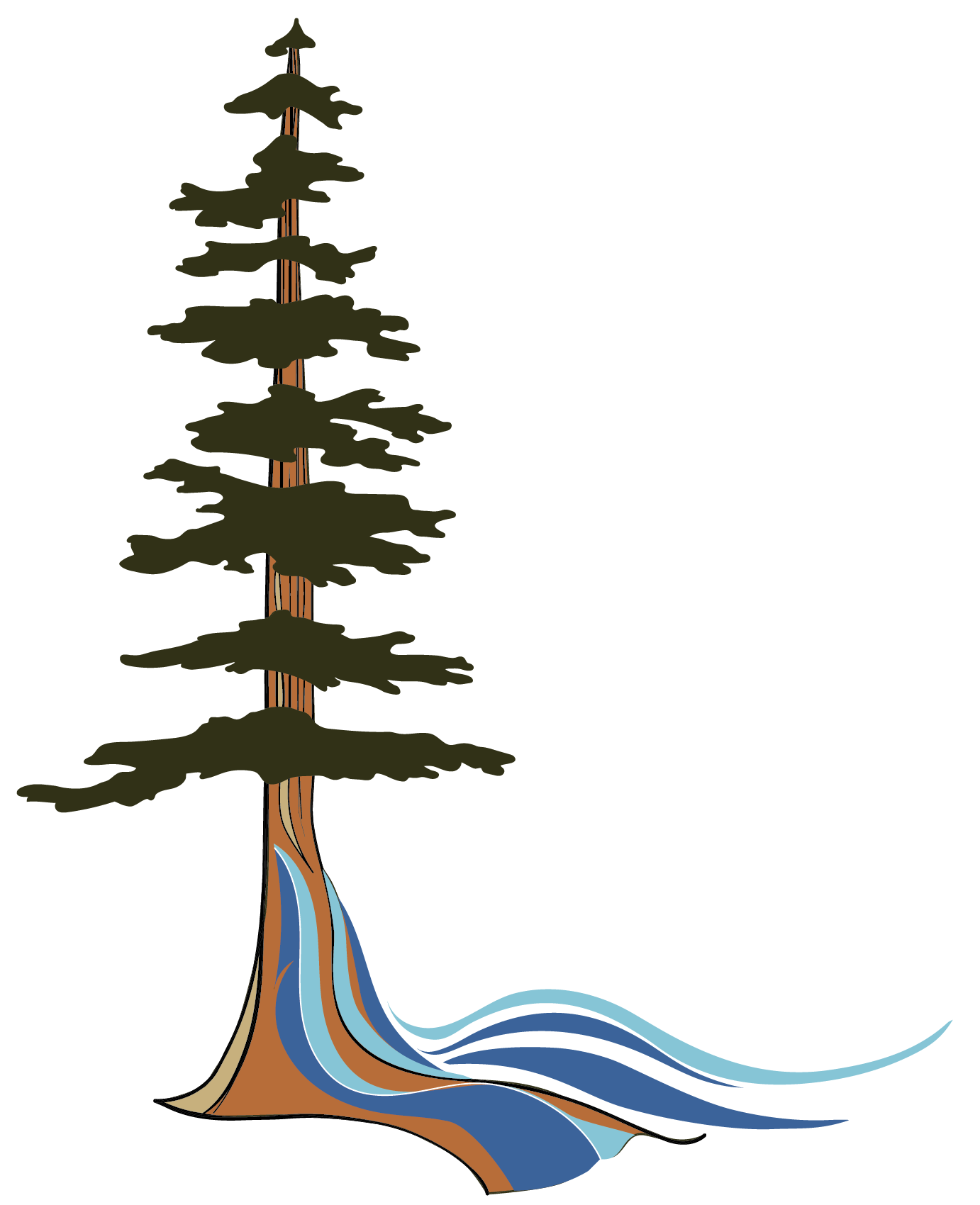 A tall evergreen tree with dark green branches and a brown trunk, with colorful water flowing beneath it, creating a waterfall effect.