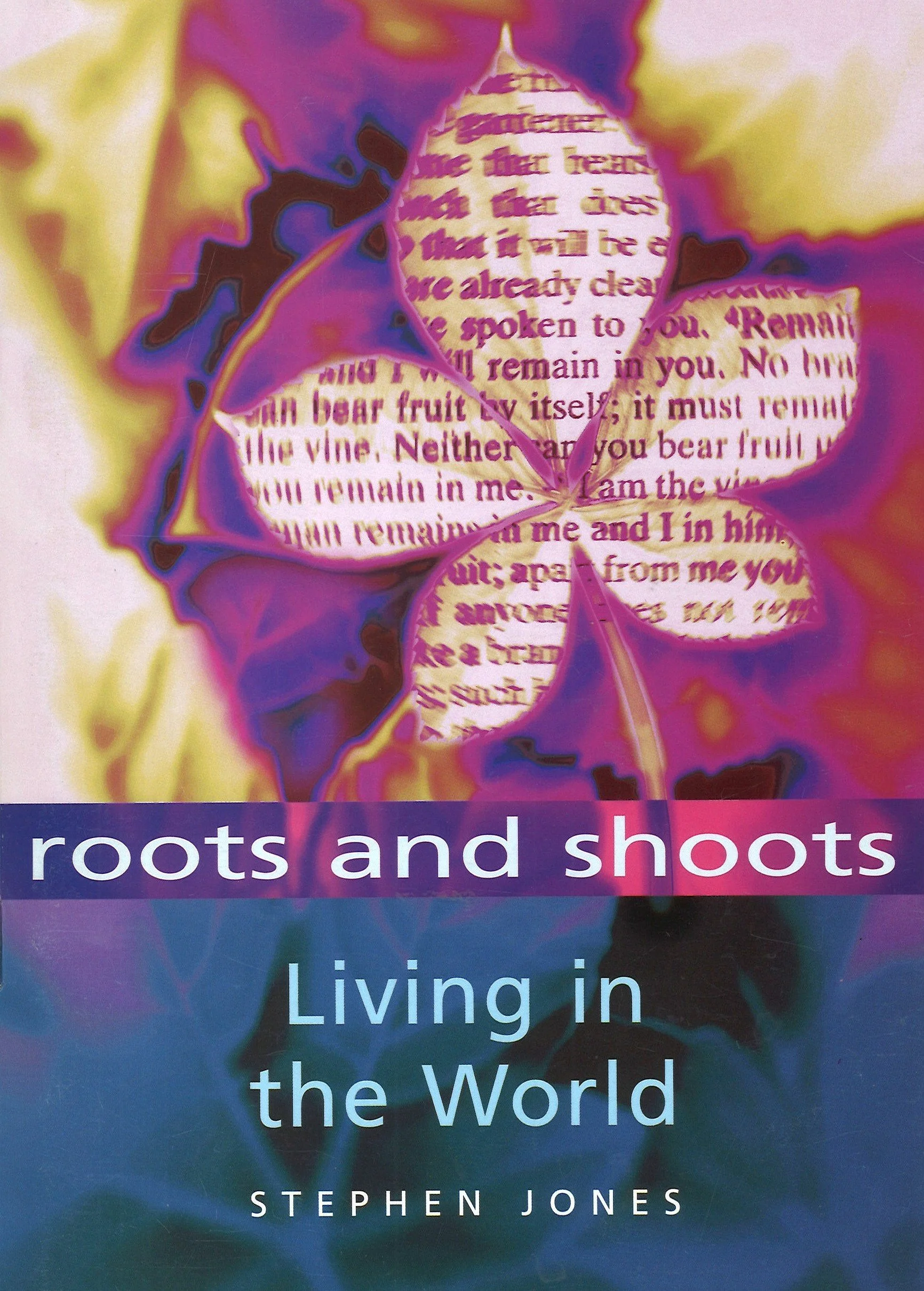 Book cover titled 'Living in the World' by Stephen Jones with a colorful abstract background and an overlay of a petal with text inside.