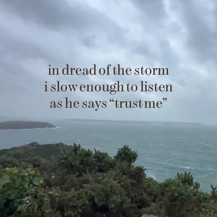 A cloudy coastal landscape with ocean waves and green shrubbery, overlaid with the short poem: 'in dread of the storm i slow enough to listen as he says "trust me"'.