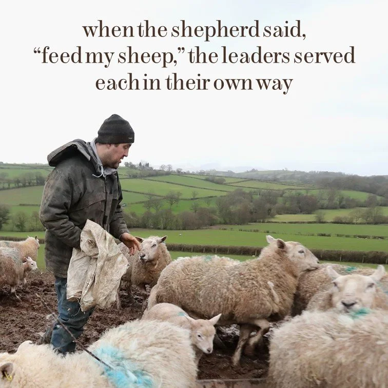 A man on a farm herds sheep in a green countryside with rolling hills; a quote about sheep and leadership is overlaid at the top.