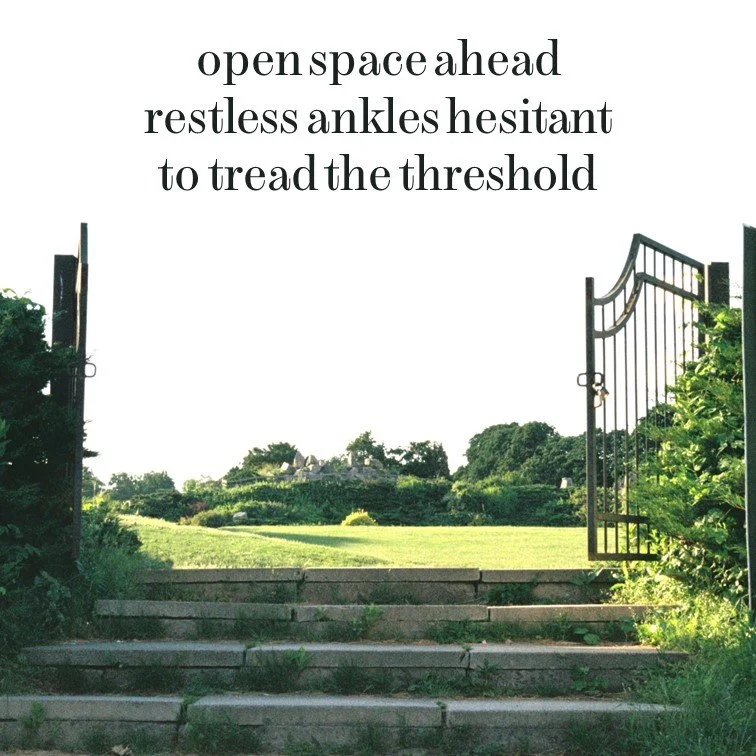 Open iron gate leading to a lush green park or field, with steps and trees in the background, and an inspirational quote about exploration and taking risks.