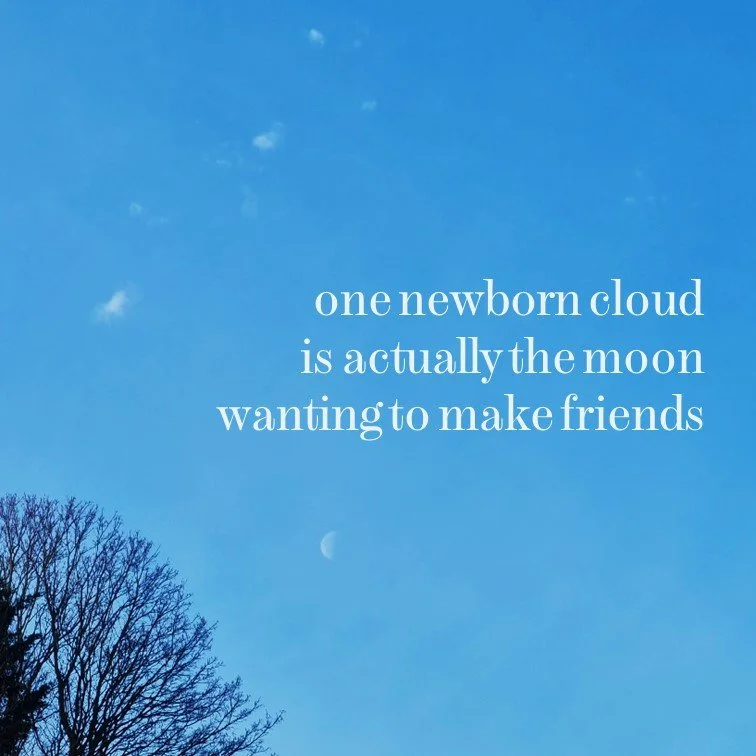 A blue sky with a few clouds, a tree with bare branches, and a crescent moon. Text reads: "one newborn cloud is actually the moon wanting to make friends."