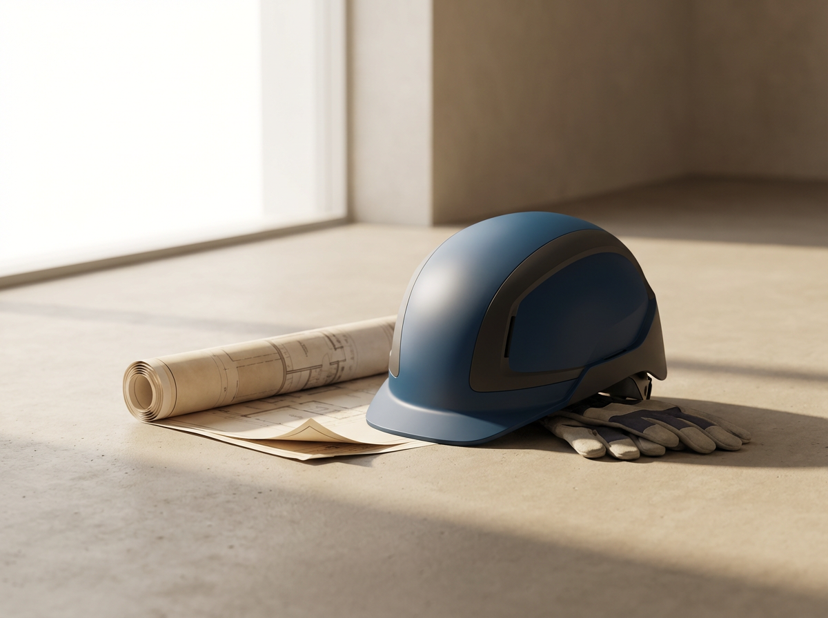 Construction safety helmet, gloves, and blueprints on a light-colored floor near a window with natural light.
