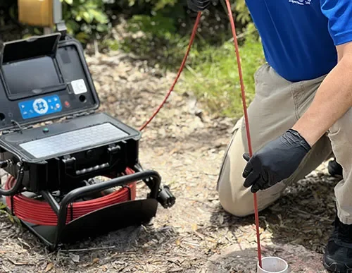 A person performing soil testing outdoors using a portable testing kit and a metal probe, with a black case open nearby containing testing equipment.