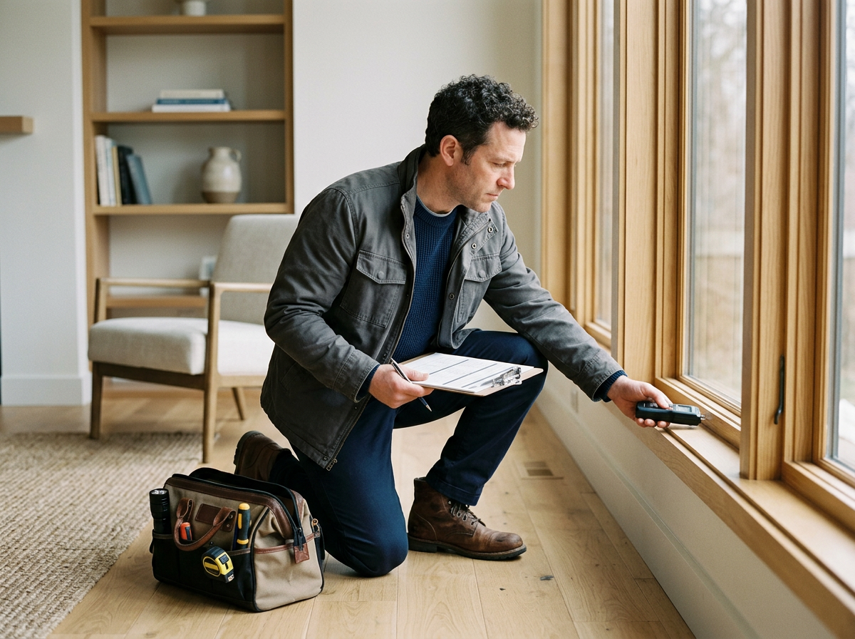 A man kneeling by a large window with a clipboard and a tool in his hand, working on the window frame, with a tool bag on the floor next to him.