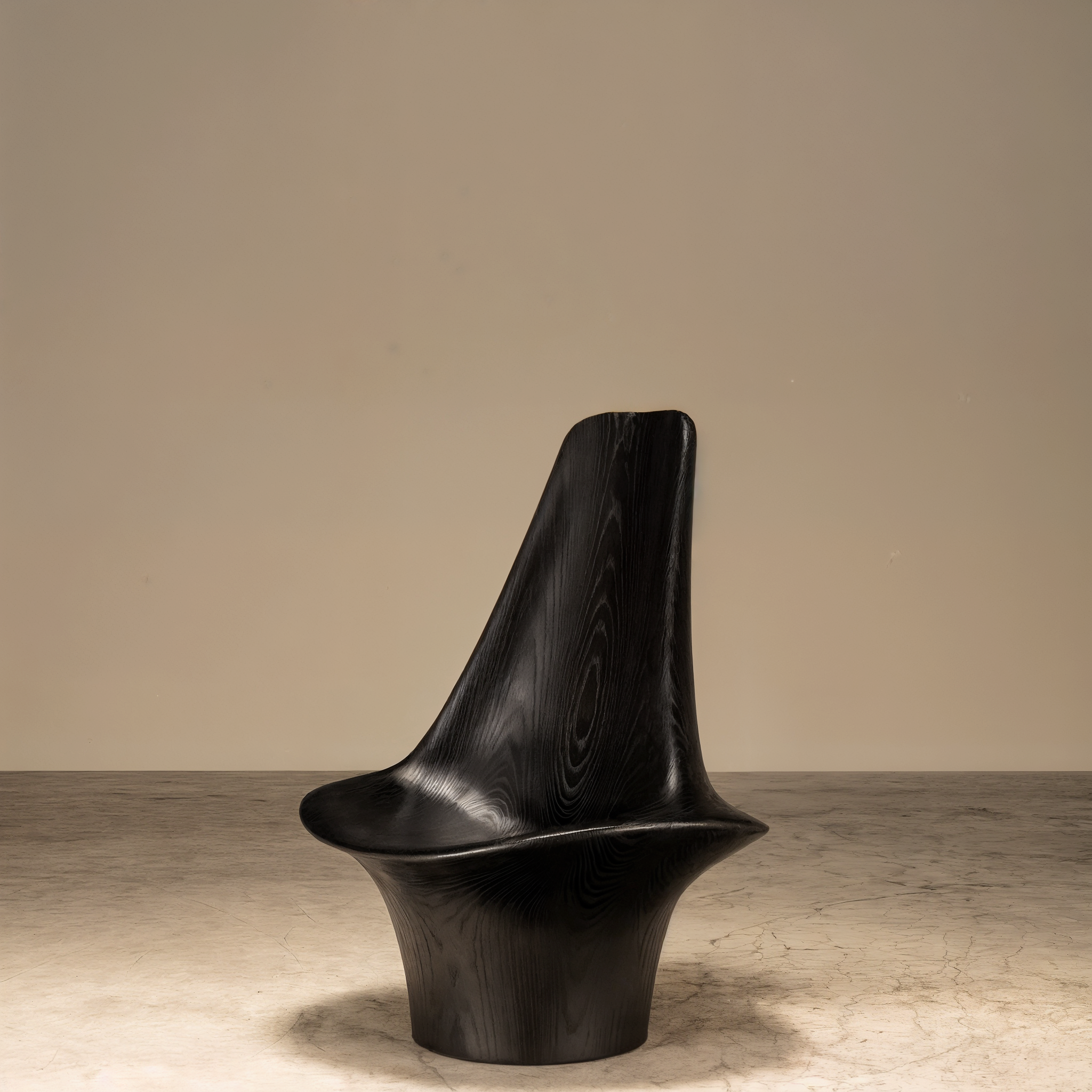 Escultura de uma figura humana estilizada, feita de um material escuro, de aparência lisa e com detalhes que sugerem a forma do corpo. Está colocada sobre uma base de pedra clara, com fundo neutro.
