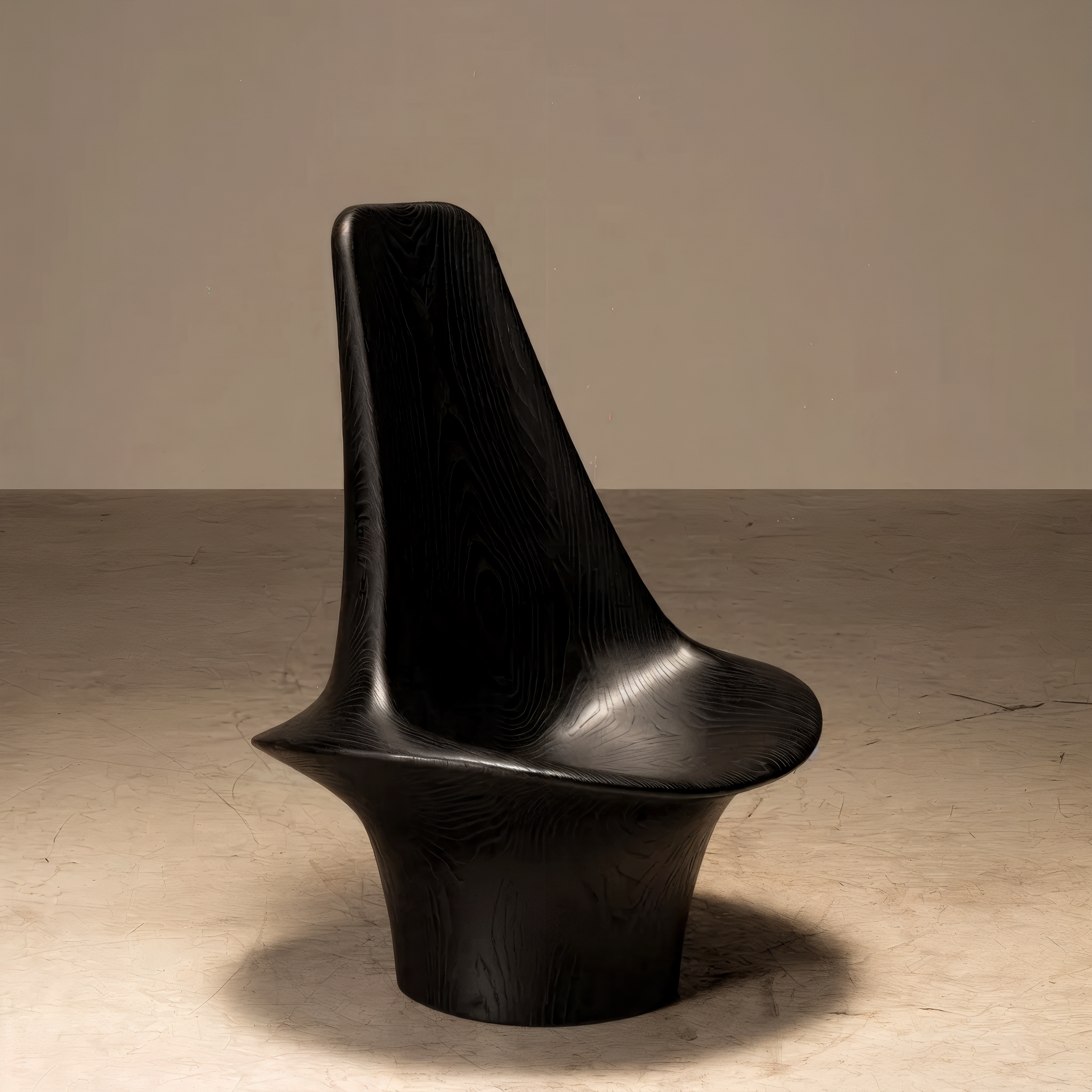 Escultura moderna de um cavalo em preto, com acabamento liso, posicionada em um espaço de exposição com parede neutra ao fundo.