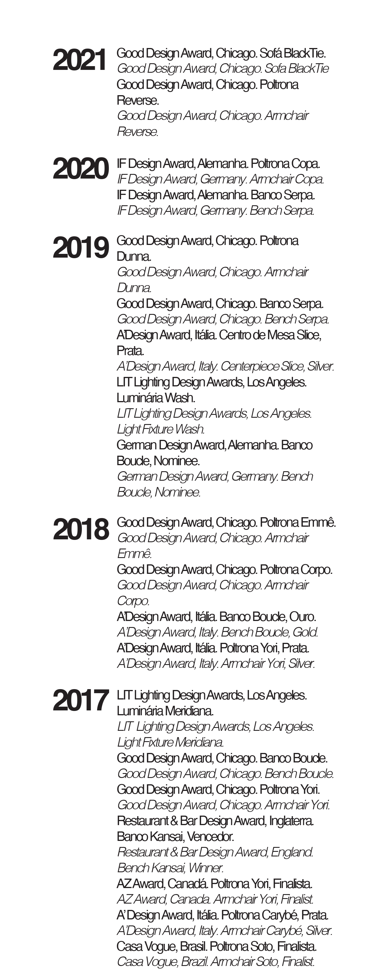 Imagem de uma lista de prêmios de design ao longo dos anos de 2017 a 2021, incluindo nomes de categorias e locais de premiação, com textos em português e inglês.