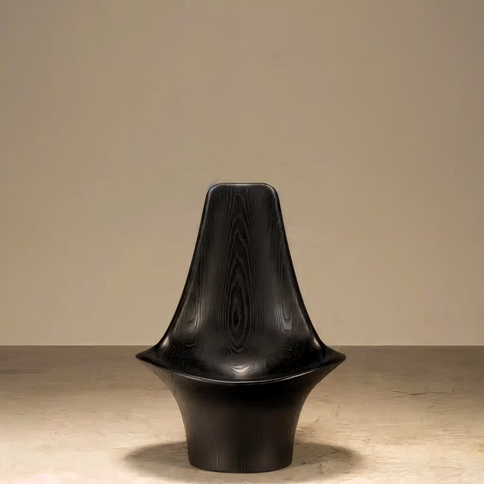 Vaso decorativo preto com uma estética moderna, colocado sobre uma superfície de madeira clara.