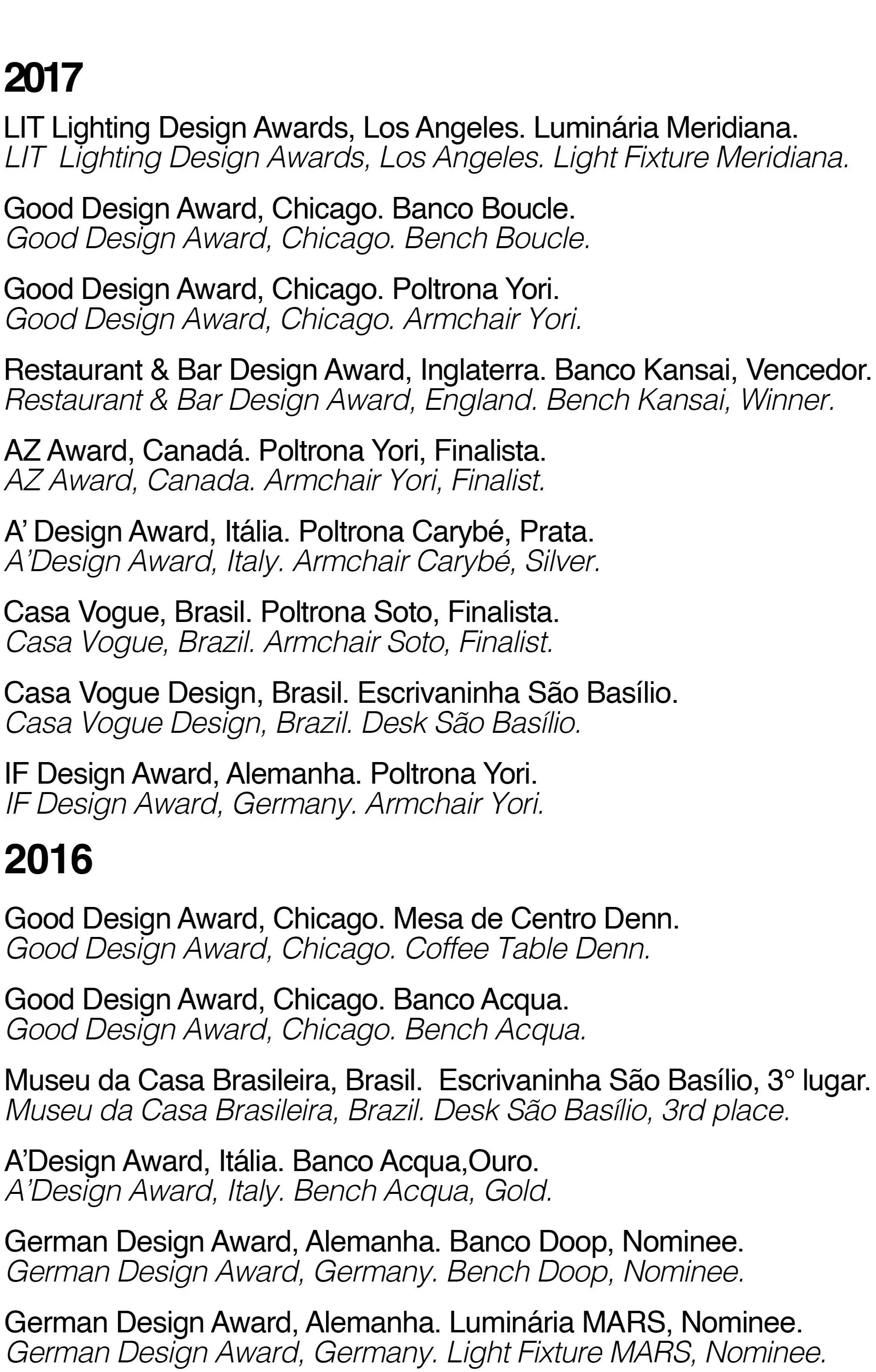 Lista de prêmios de design de iluminação e mobiliário de diferentes países, incluindo Estados Unidos, Canadá, Itália, Brasil, Alemanha e Alemanha, com detalhes dos ganhadores e suas obras de destaque.