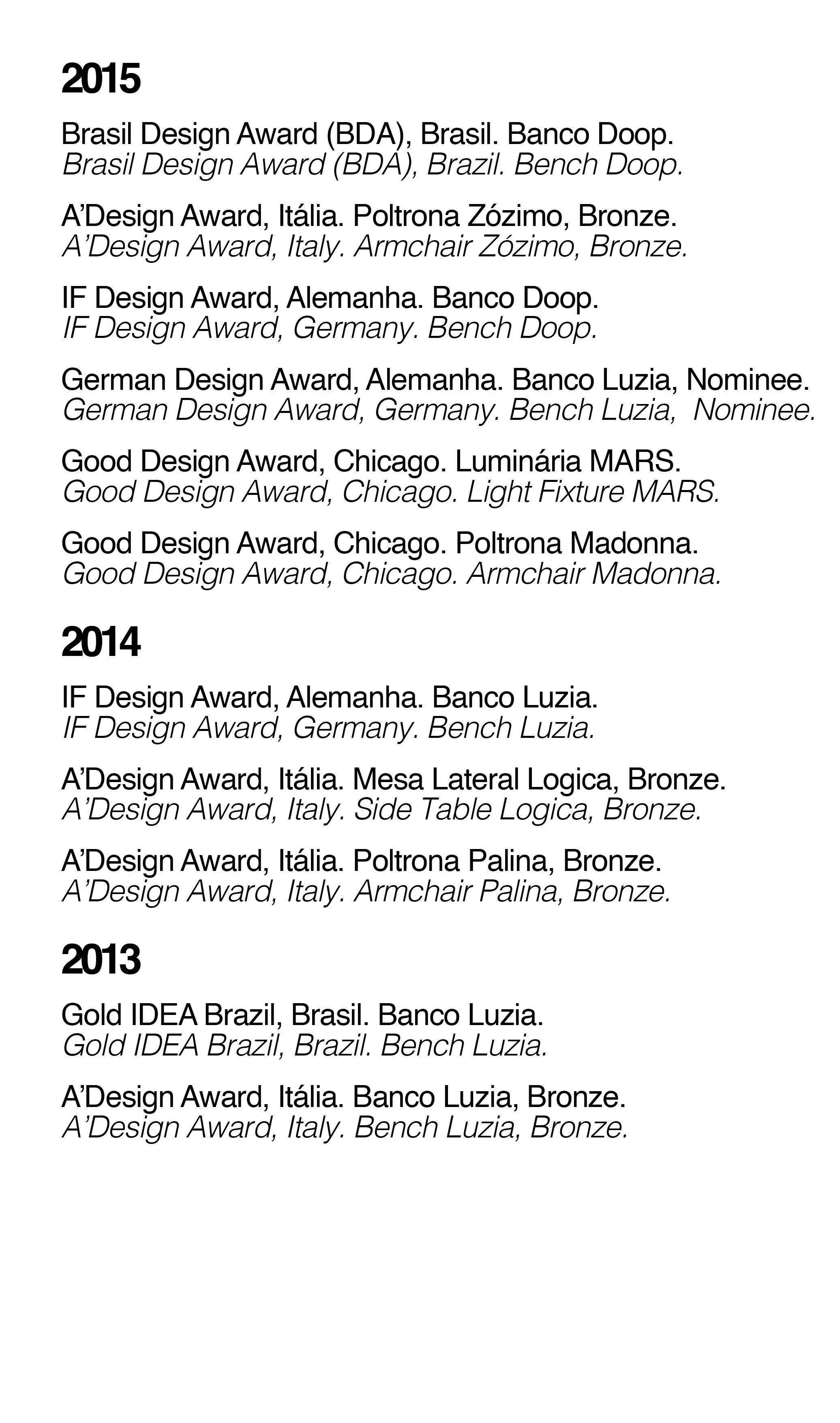 Lista de prêmios de design de anos variados, incluindo Brasil, Itália, Alemanha, Chicago e Brasil, com detalhes dos projetos premiados.
