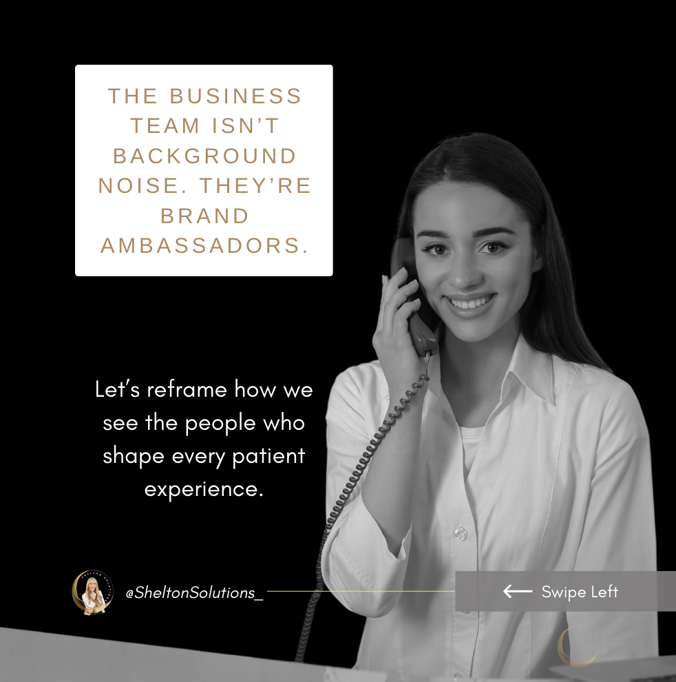 Black and white photo of a smiling woman with long dark hair on a phone call, with two text boxes on the left side. The upper text box reads 'The business team isn’t background noise. They’re brand ambassadors.' and the lower text box says 'Let’s reframe how we see the people who shape every patient experience.' There is also a small icon with a woman and the handle '@SheltonSolutions_' at the bottom left, and a swipe left indicator on the bottom right.