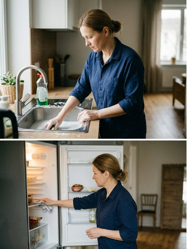 A woman doing dishes in the kitchen sink in the top image, and the same woman cleaning the refrigerator shelves in the bottom image.