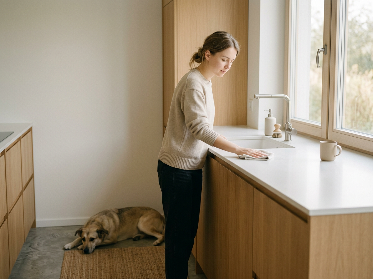 A woman is cleaning the kitchen countertop near a window, while a dog lies on a mat in the corner of the kitchen.