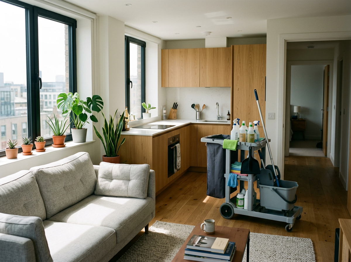 Modern apartment living room with kitchen, large windows, potted plants on the windowsill, cleaning supplies on a cart, and a gray sofa.