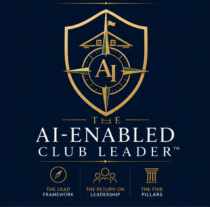 A logo featuring a shield with a house, a flag, and a compass with the initials 'AI' at the center. Below it, the text reads 'The AI-Enabled Club Leader' with three icons and captions: a compass labeled 'The Lead Framework,' a group of people labeled 'The Return on Leadership,' and a column labeled 'The Five Pillars.'
