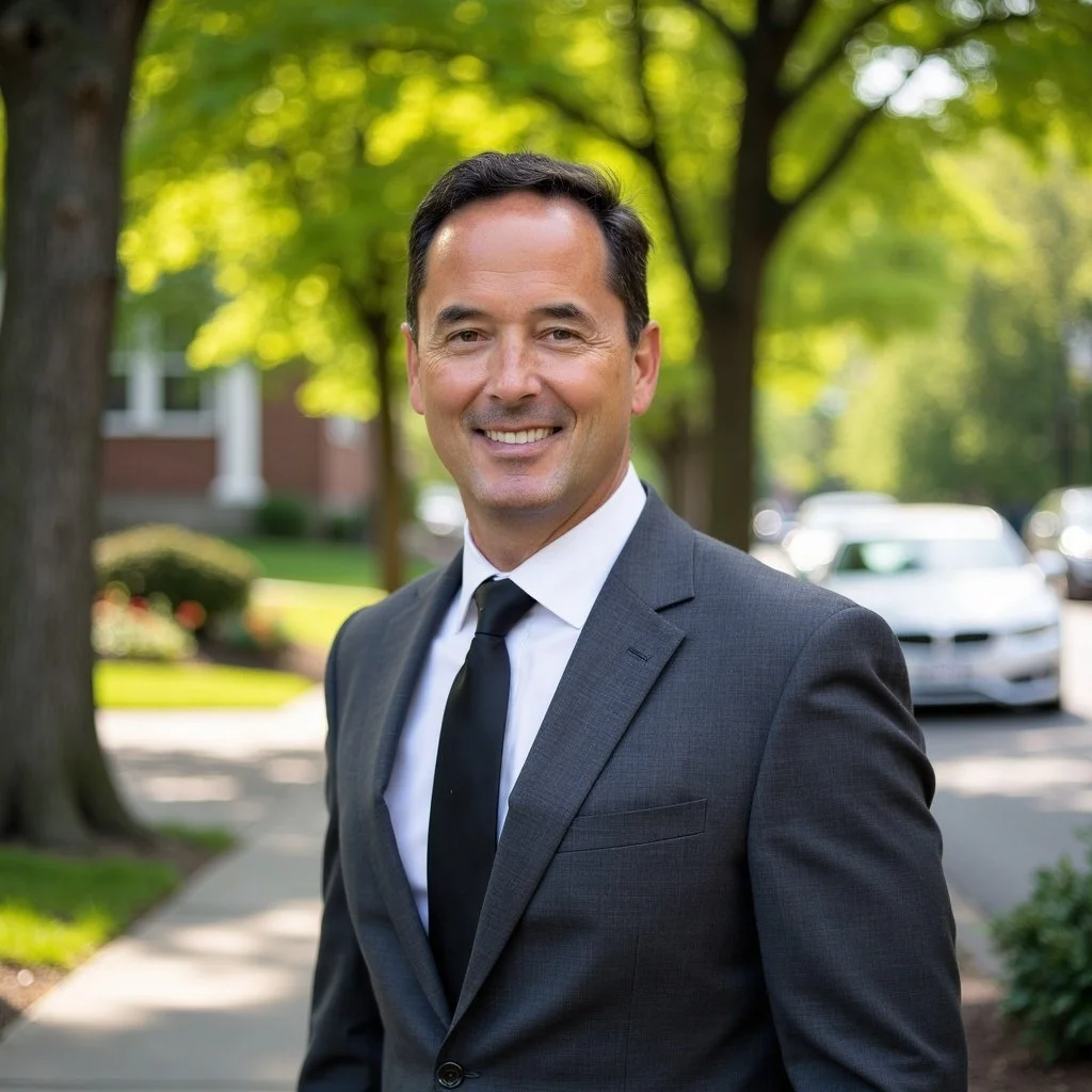 A smiling man in a gray suit and black tie stands outdoors on a sidewalk lined with trees and parked cars, with a brick building in the background.