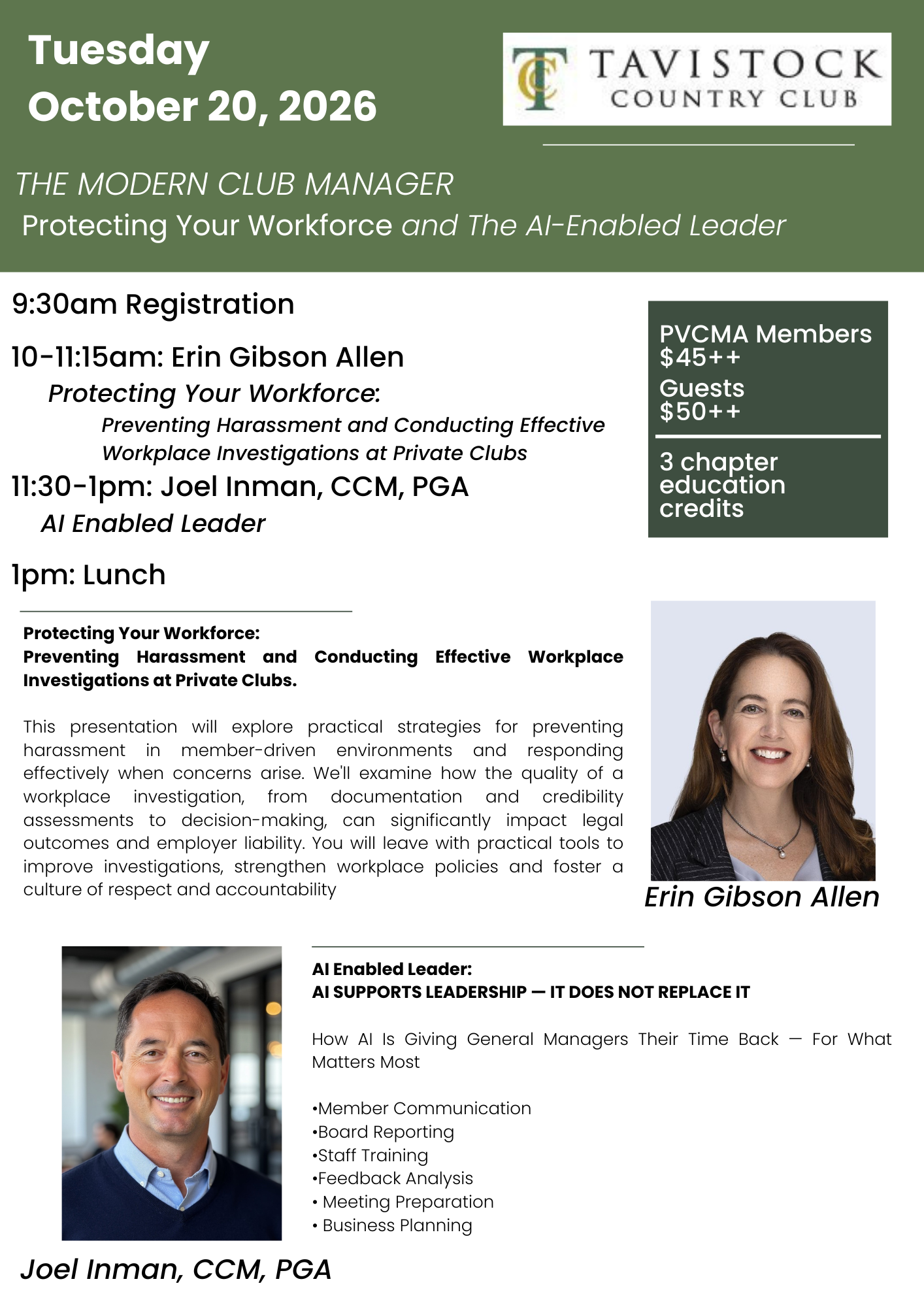Event flyer for a conference at Tavistock Country Club on October 20, 2026, featuring speakers Erin Gibson Allen and Joel Inman, CC, PGA, with session topics on AI in leadership and workplace harassment prevention.