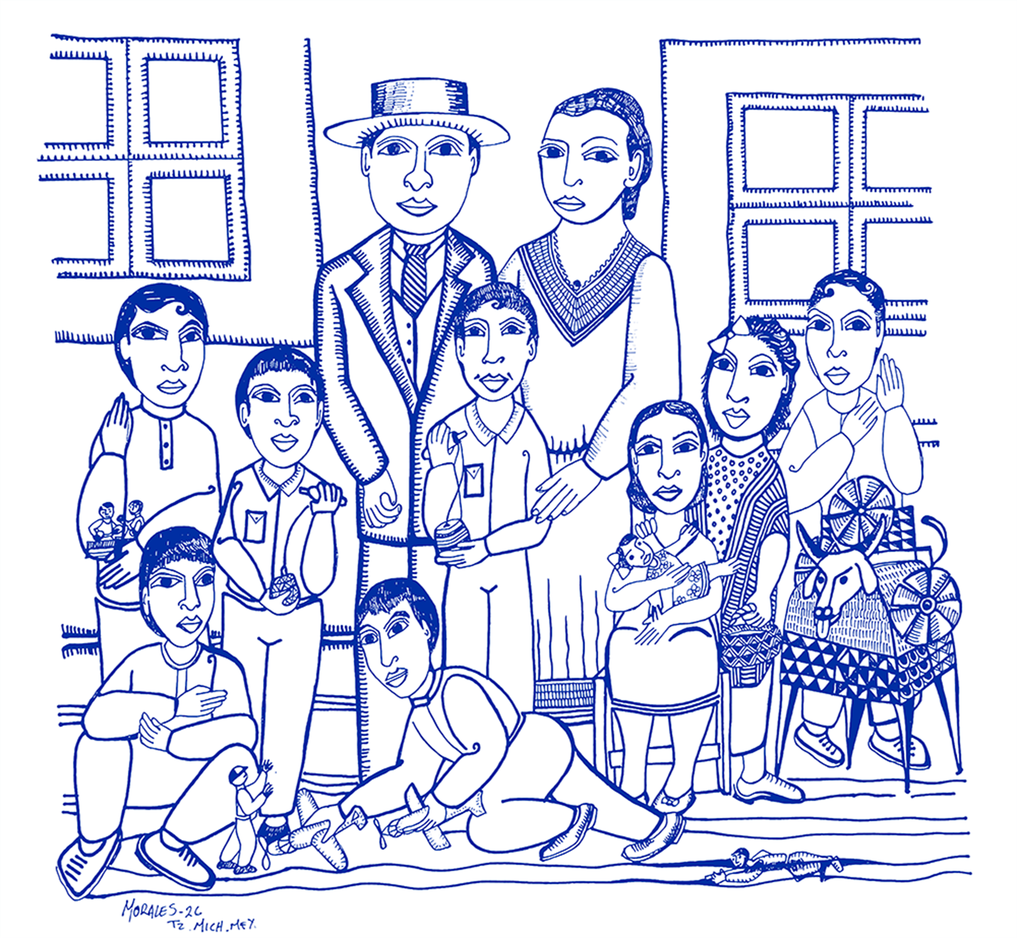 Ilustración de la familia de Mario Moreno durante su infancia, con sus padres y hermanos reunidos frente a su hogar, como representación de sus orígenes familiares y culturales.