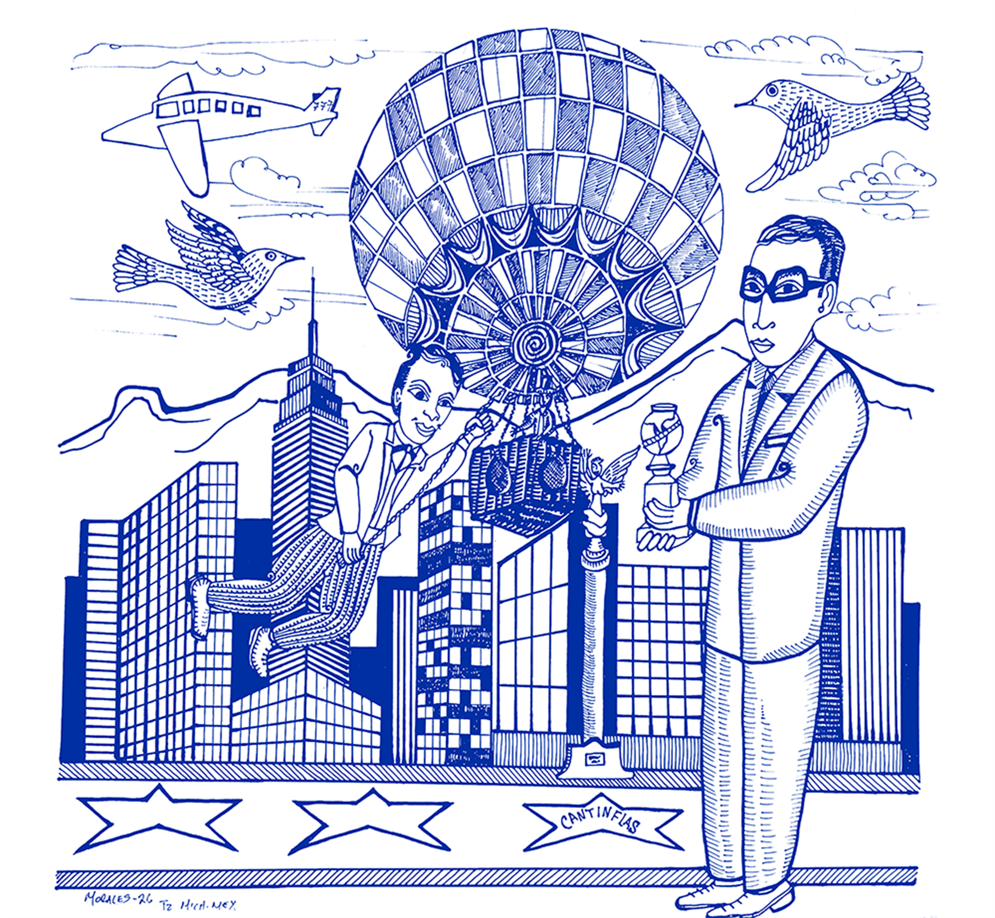 Ilustración de Mario Moreno y “Cantinflas” en una escena que reúne Hollywood, viajes internacionales y reconocimiento mundial, con una estrella del Paseo de la Fama, edificios, aves, un avión y un globo aerostático.