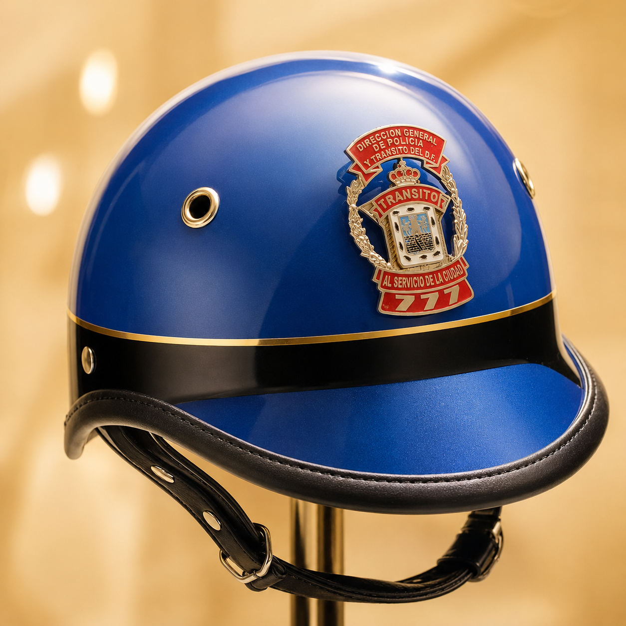 Casco de policía azul con emblema que dice 'Dirección General de Policía y Tránsito del D.F.', con la leyenda 'Transito' y el número 777.