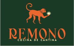 Logo del restaurante Remono, cocina de cantina, con un mono naranja integrado en la parte superior.